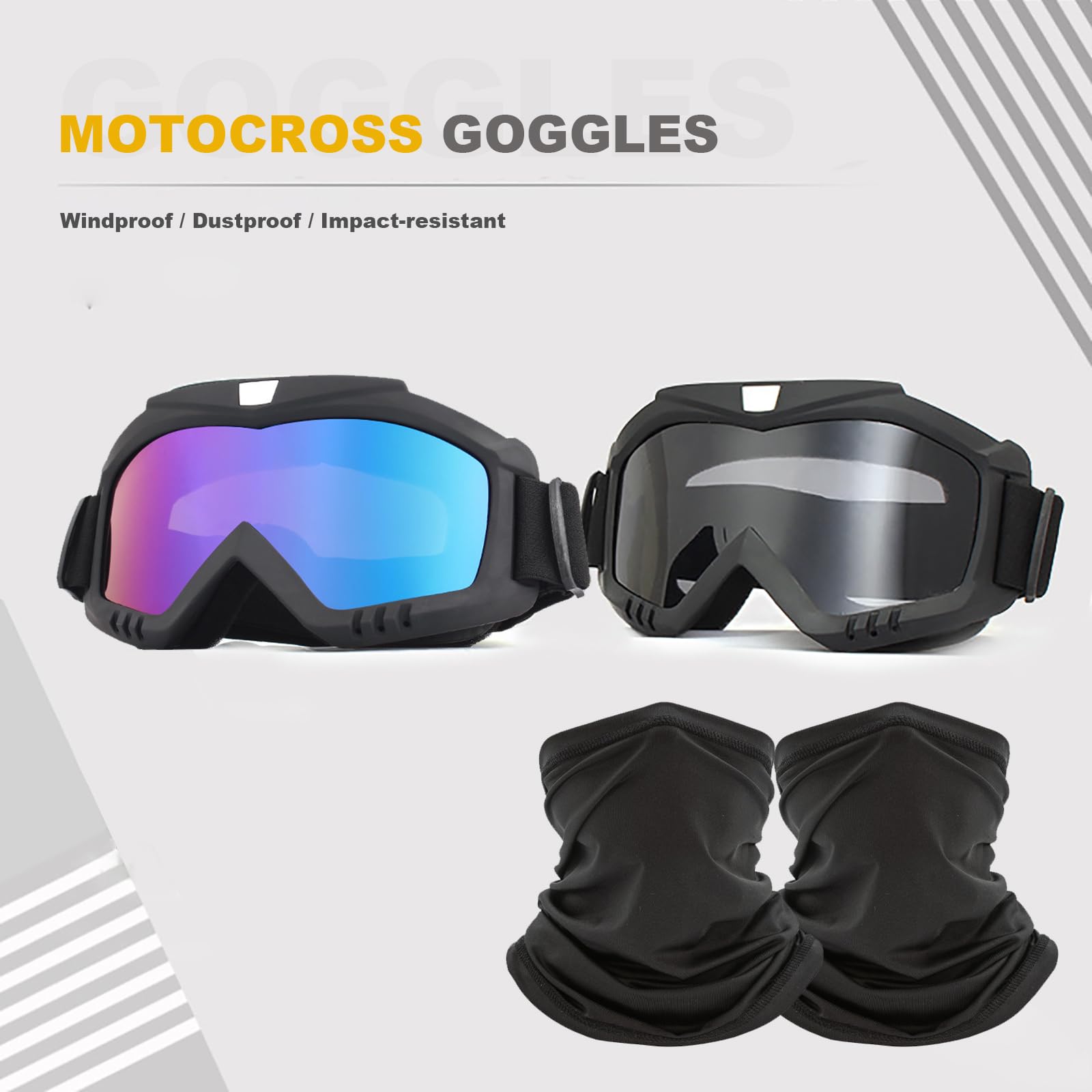 immoono 2 Pack Dirt Bike Goggles with Neck Gaiter, Motorcycle Goggles ATV Goggles Riding Goggles Ski Goggles Windproof Glasses R