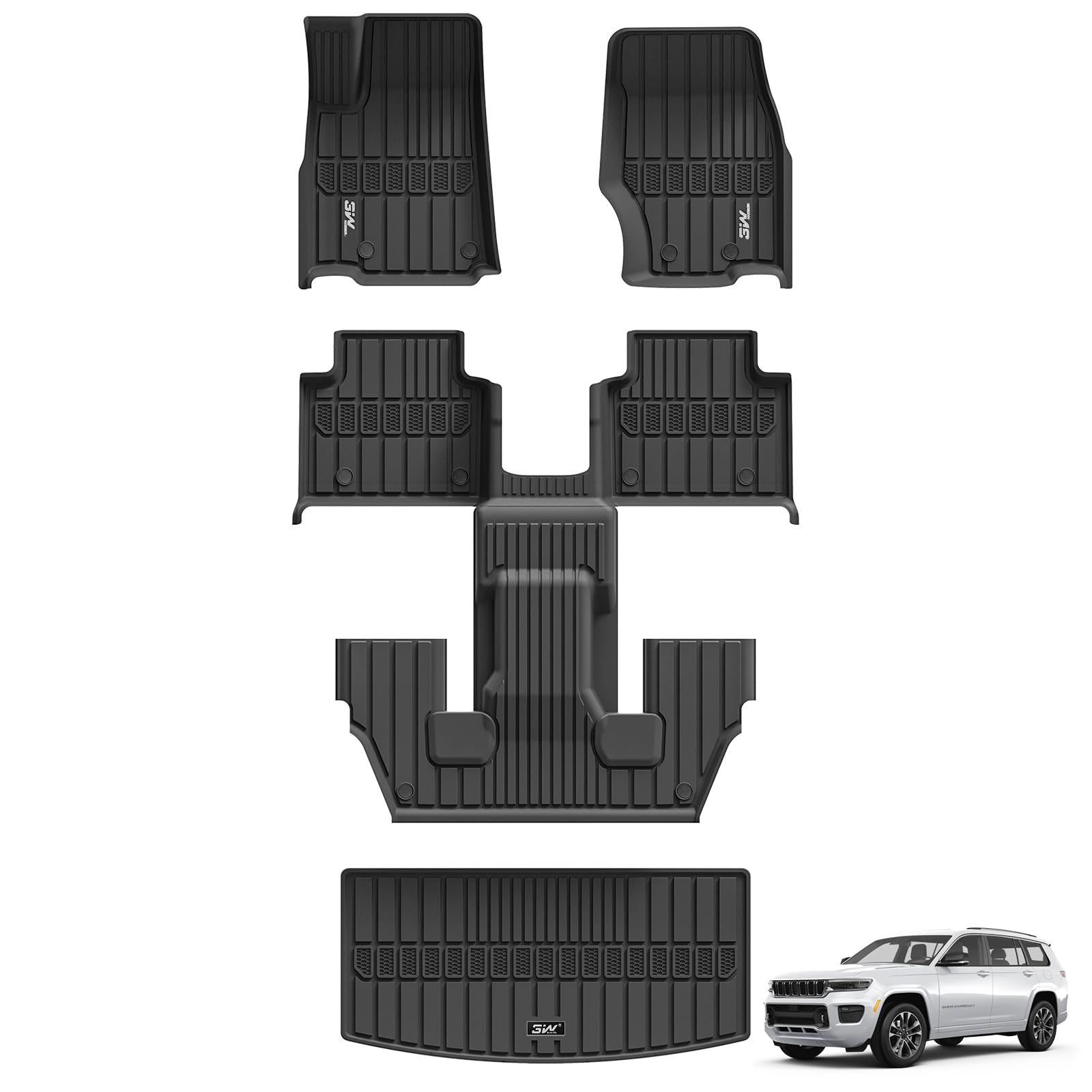 3W Floor Mats & Cargo Liner Fit For Jeep Grand Cherokee L 2021-2025 All Weather Tpe Custom Fit Floor Liner For 1-3 Rows And Trun