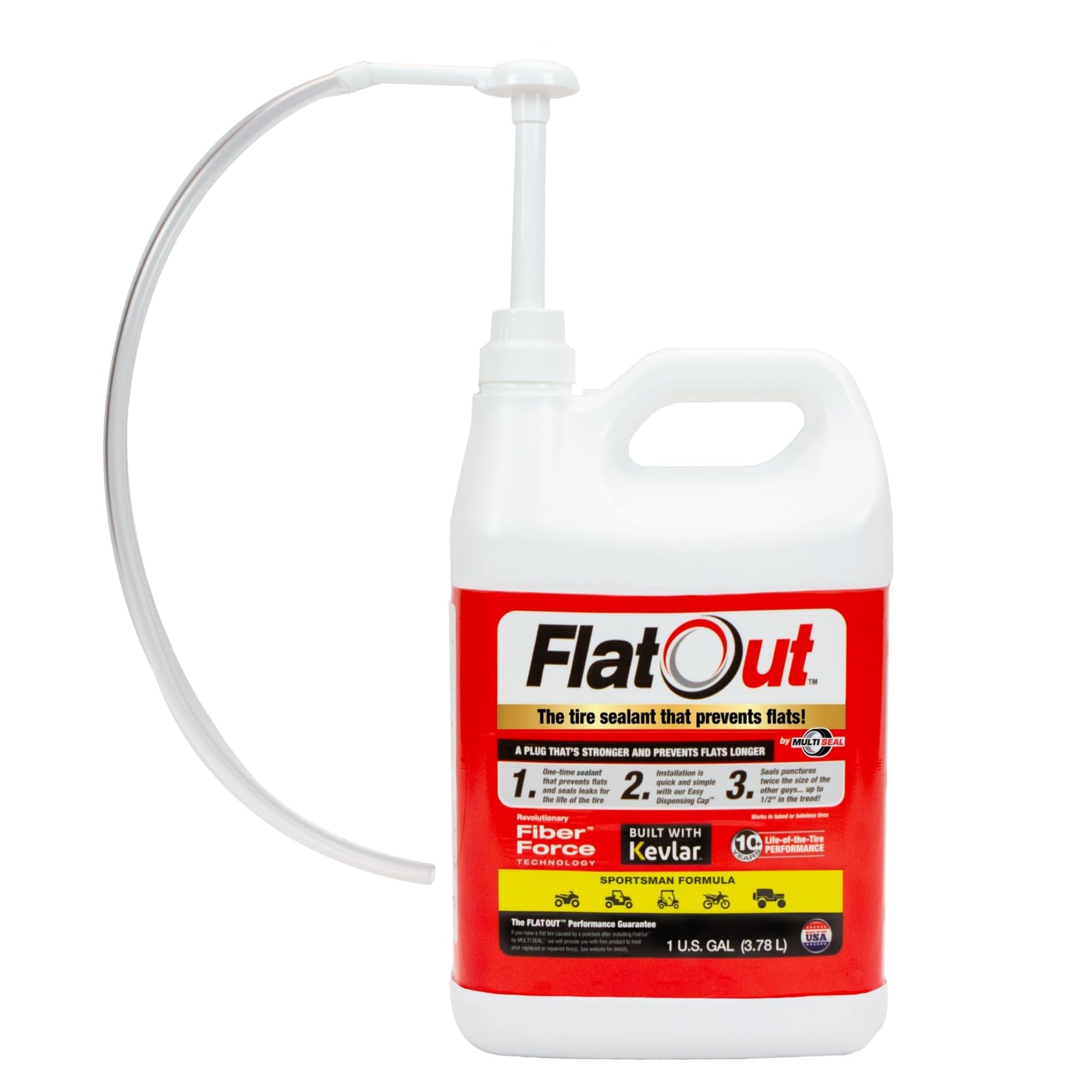Flat Out Tire Sealant Sportsman Formula - Prevent Flat Tires - Seal Leaks - Sportsman Formula with Valve Core Tool - Contains Kevlar - Tubeless Tire Sealant - Fast-Acting Formula - 1 Gallon -Like New
