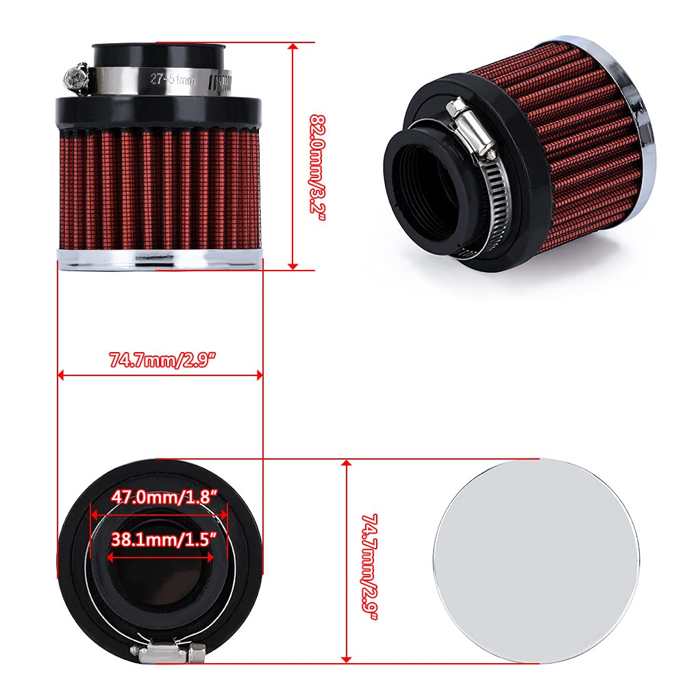 Ptnhz Universal Red Neck 1.5'' 38Mm Car High Flow Cold Air Intake Air Filter Power Intake Air Inlet System Air Cleaner