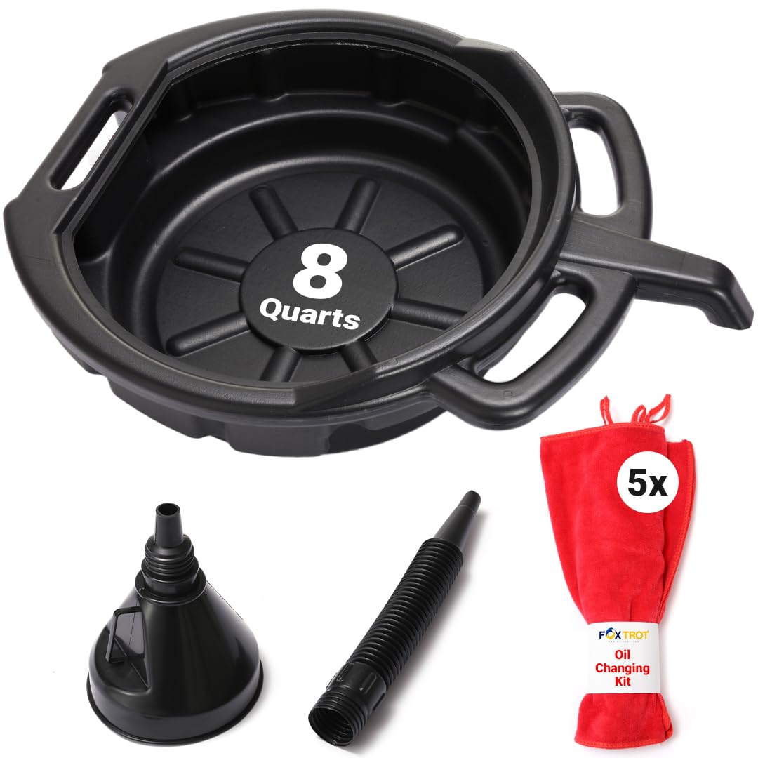 Oil Change Kit - Includes 8-Quart Oil Pan, Longneck Oil Funnel With Removable Filter, And 5 Pack Of Shop Towels - Motor Oil Drai