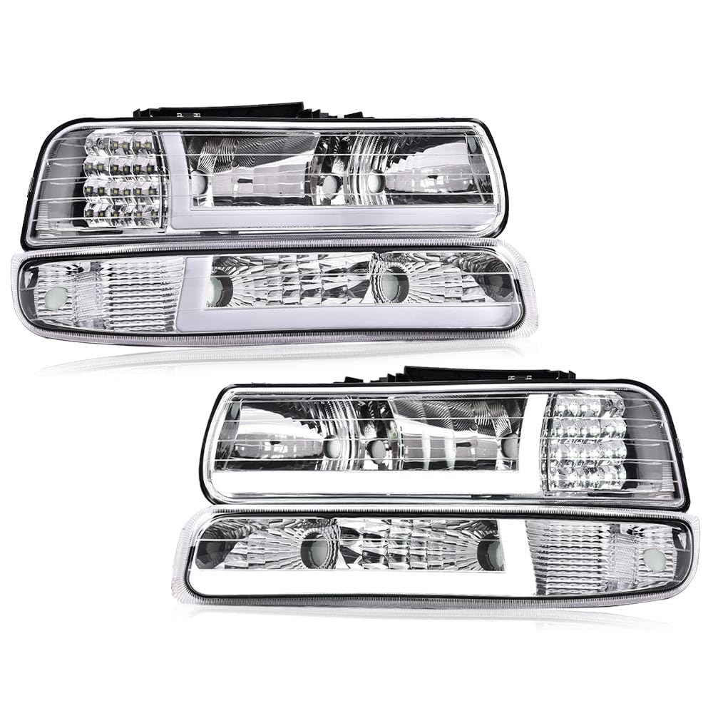 Pit66 Led Drl Headlight Assembly Compatible With 1999-2002 Chevy Silverado / 2000-2006 Tahoe Suburban Headlamp W/Bumper Lights C