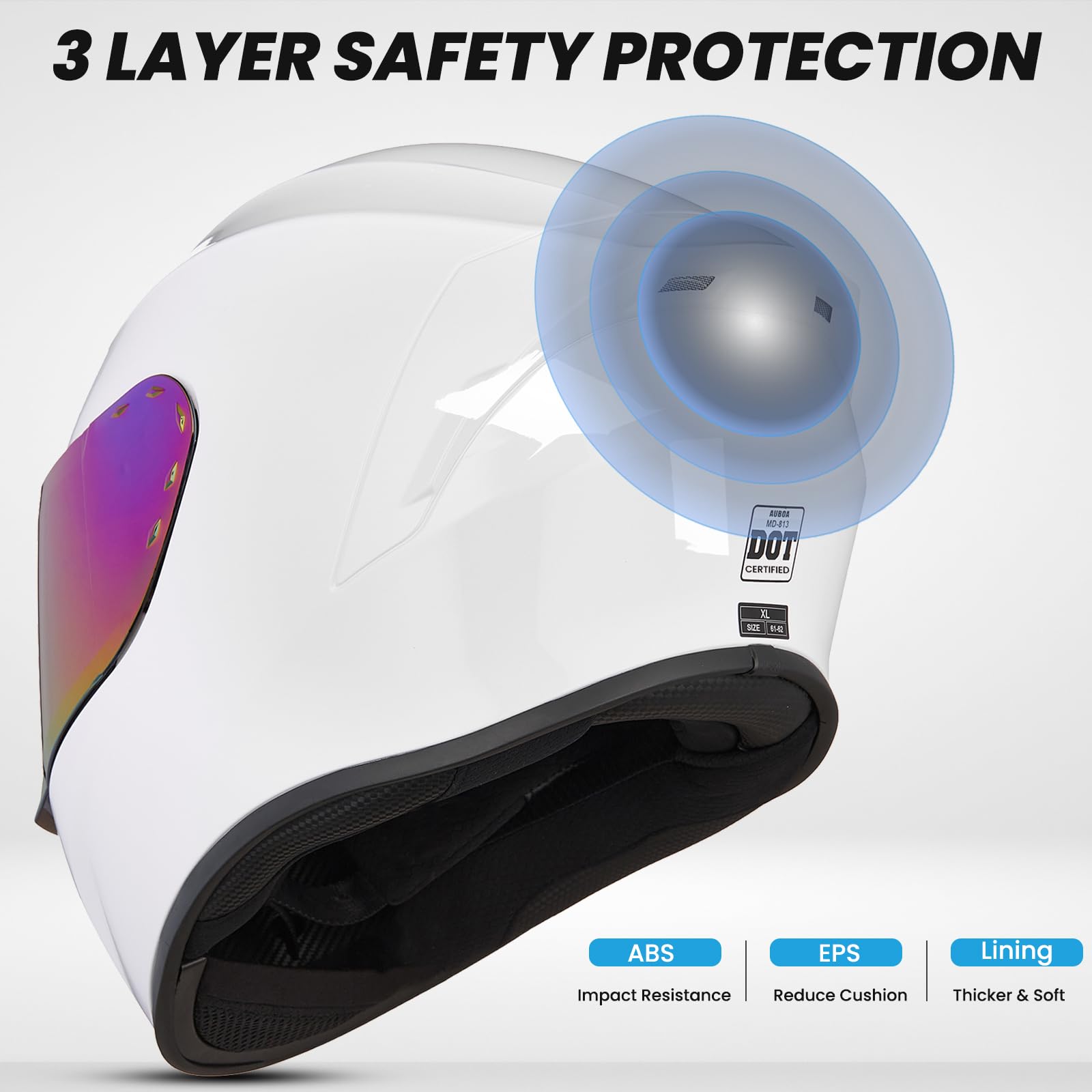 Auboa Full Face Motorcycle Helmets For Adults Men And Women Dot Street Bike Racing Helmet With Tinted Visor Model Md-813 (White,