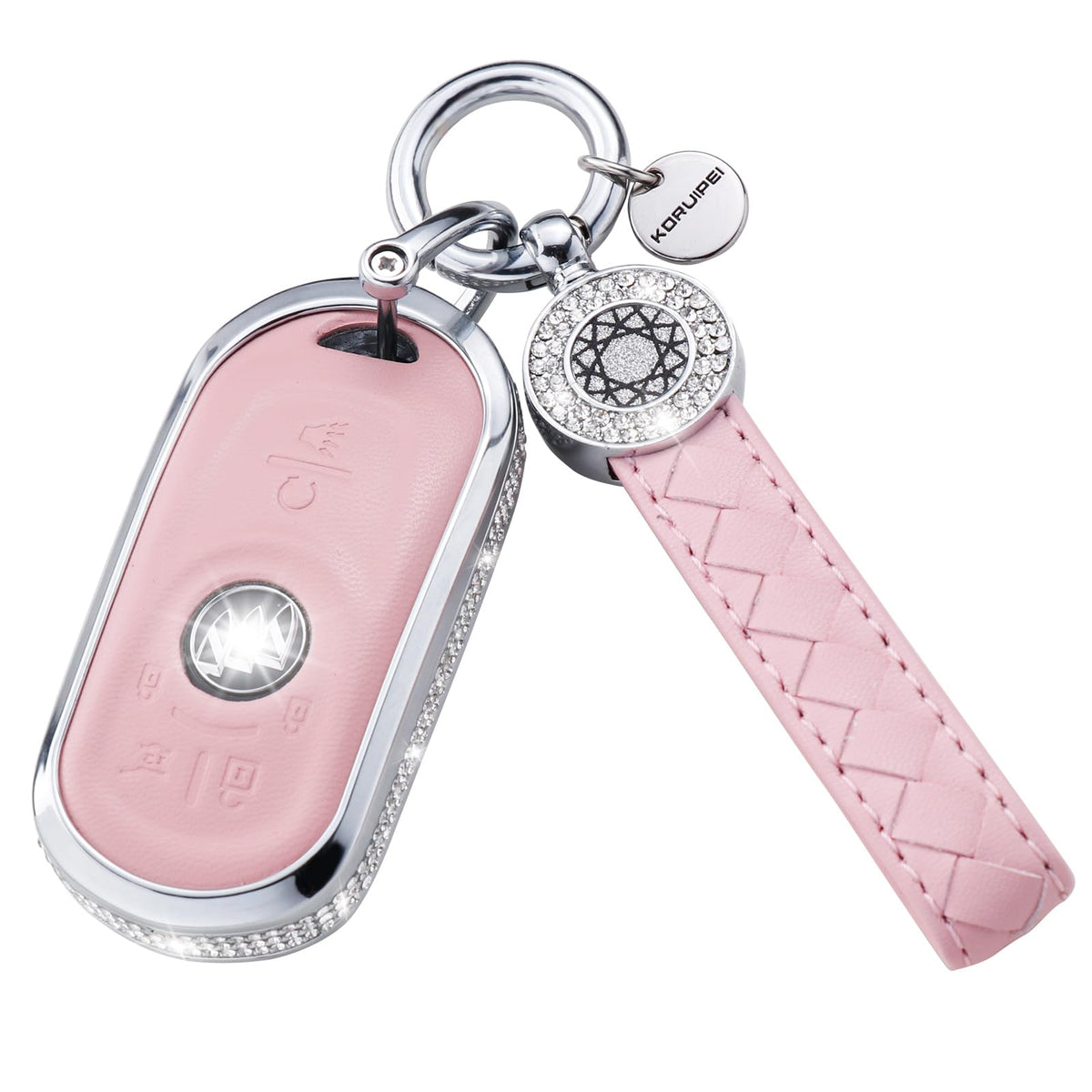 Ruabiban For Buick Key Fob Cover With Keychain, Pink Leather Crystal Key Case Protection Shell Compatible With Buick Encore Encl