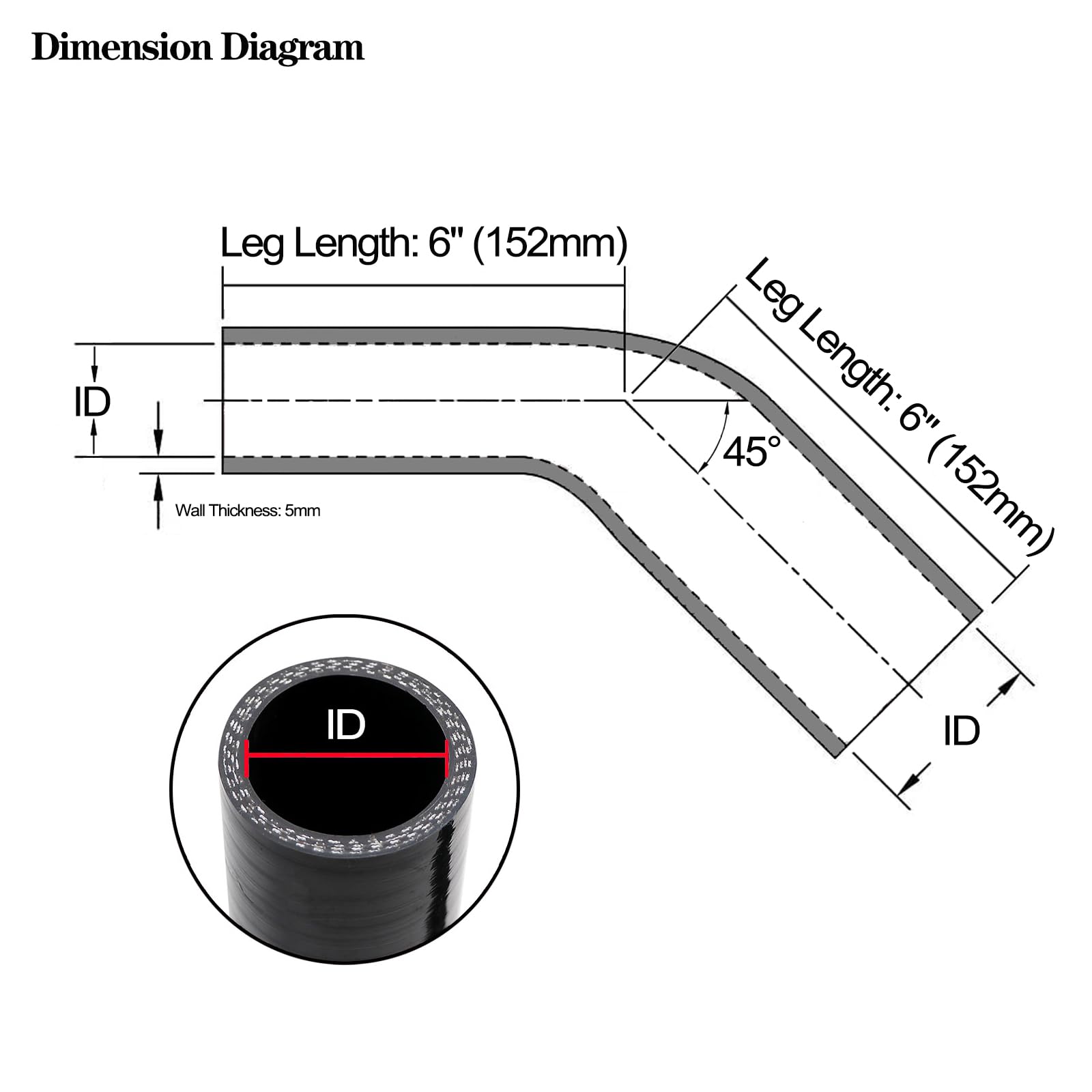 Haturmyko ID 2.75'' to 3'' 45 Degree Elbow Reducer Silicone Coupler - Leg Length 6'' (152mm) Universal 4-Ply Reinforced Silicone