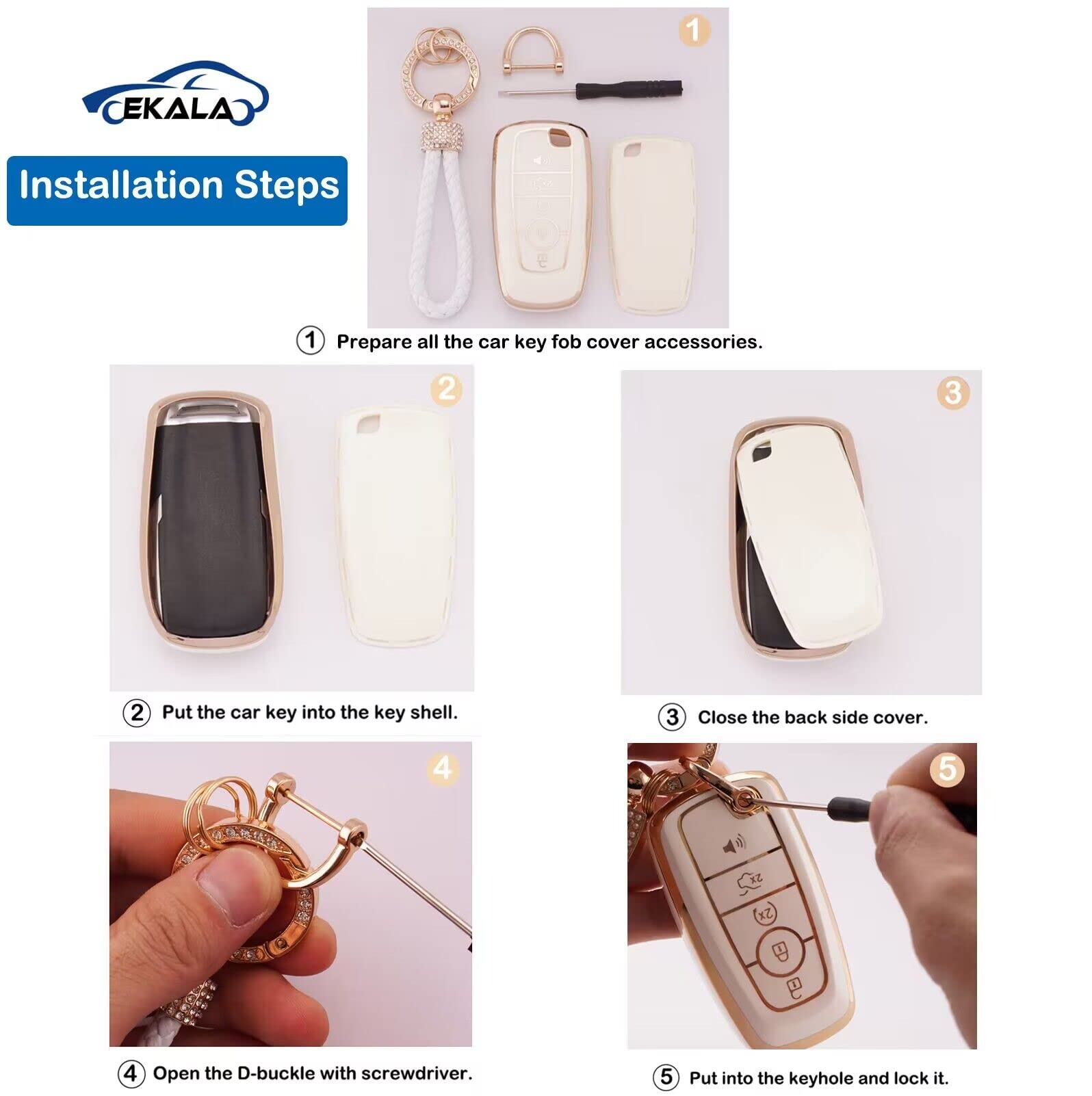 Ekala For Ford Key Fob Cover With Keychain Lanyard, 5 Buttons Soft Tpu Keys Shells Girly White Key Fob Cover Compatible With Ford Explorer Fusion Mustang F150 Edge Escape Expedition Lincoln(Frd-5)