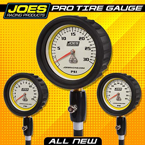 Joes Racing Products Tire Pressure Gauge, Pro Tire, Glow in The Dark, 0-60 psi, Analog, 2-1/2 in Diameter, White Face, 1 lb. Increments, Pressure Hold Valve, Each, Black (32327)