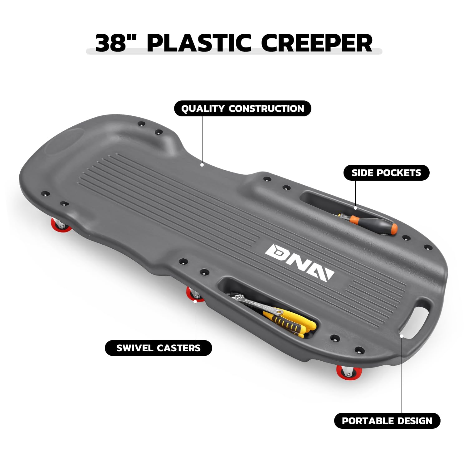 Dna Motoring 38 Inches Low Profile Plastic Rolling Garage Shop Floor Creeper With Side Pockets & 6Pcs Casters, Black, Tools-0039