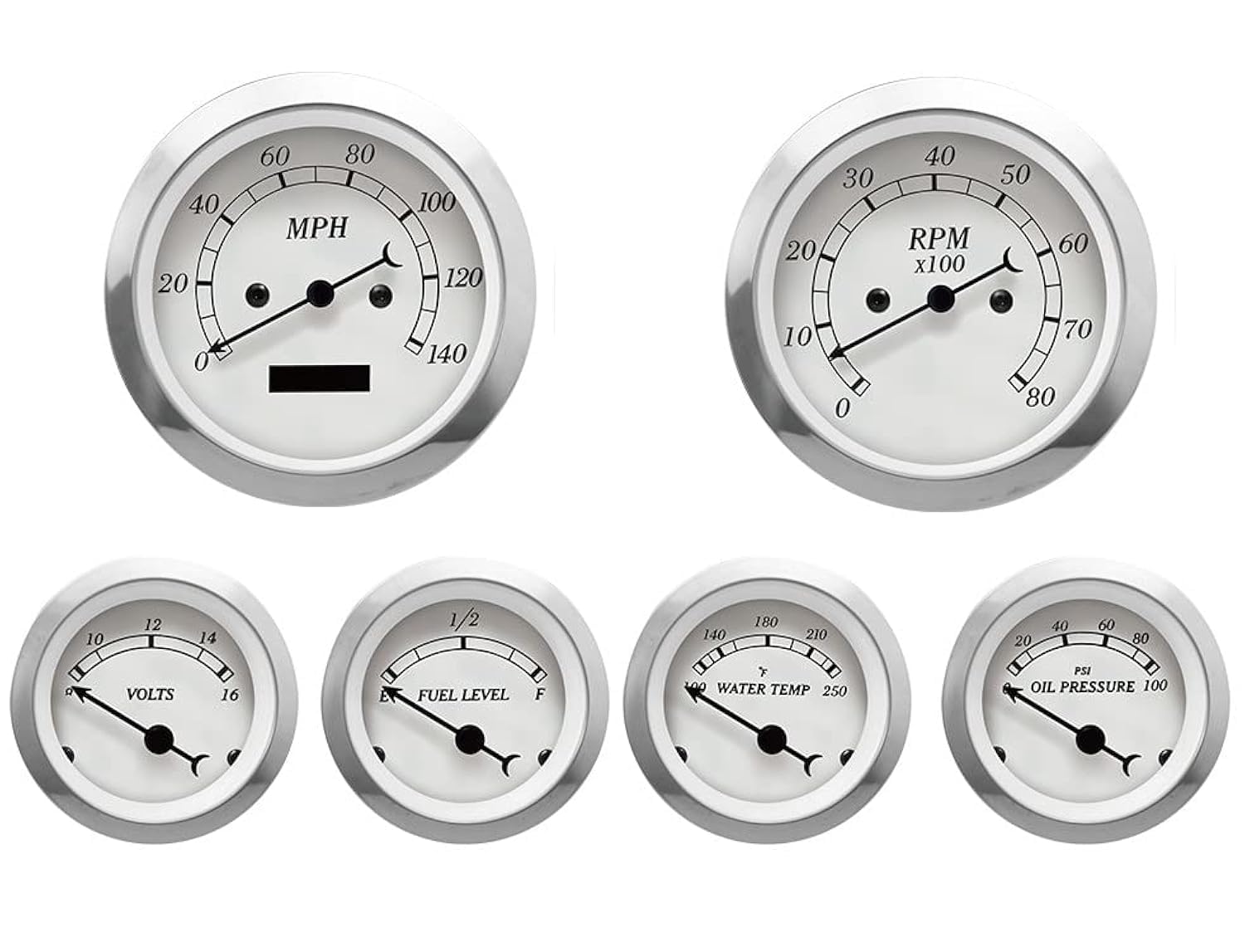 MOTOR METER RACING Classic 6 Gauge Set with ECU Based Electrical Speedometer Digital Odometer White Dial White Needle Light Bulb