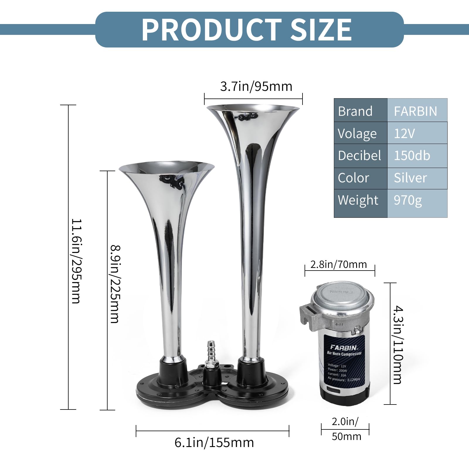 Farbin Car Horn 12V 150Db Super Loud Air Horn, Chrome Zinc Dual Trumpet Air Horns, Truck Horn With Compressor Wire Harness And B