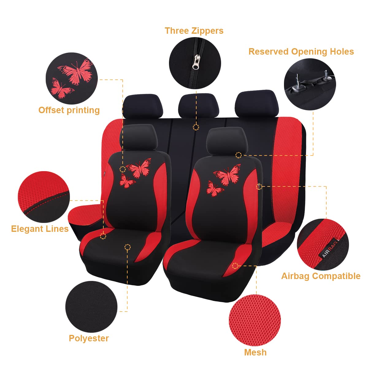 Flying Banner Butterfly Car Seat Covers Ful Set Fashion Universal Lady Woman Female Rear Bench Split Colorized (Full Set, Red)