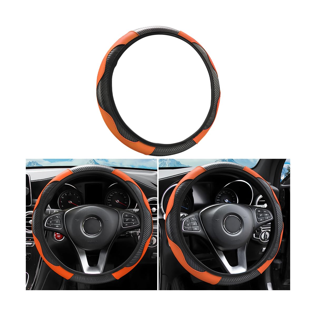 Car Steering Wheel Cover, 15 Inch Pu Leather Carbon Fiber Elastic Stretch Without Inner Ring, Breathable Anti-Slip Auto Steering