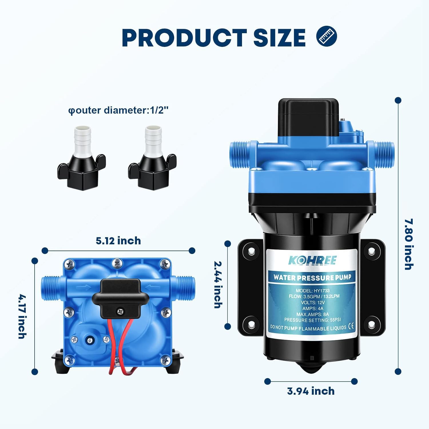 Kohree Rv Water Pump 3.5Gpm 55Psi 12V Quiet Dc Diaphragm Fresh Water Pump For Camper, Rv Marine, Yacht, Caravan, With Pressure S