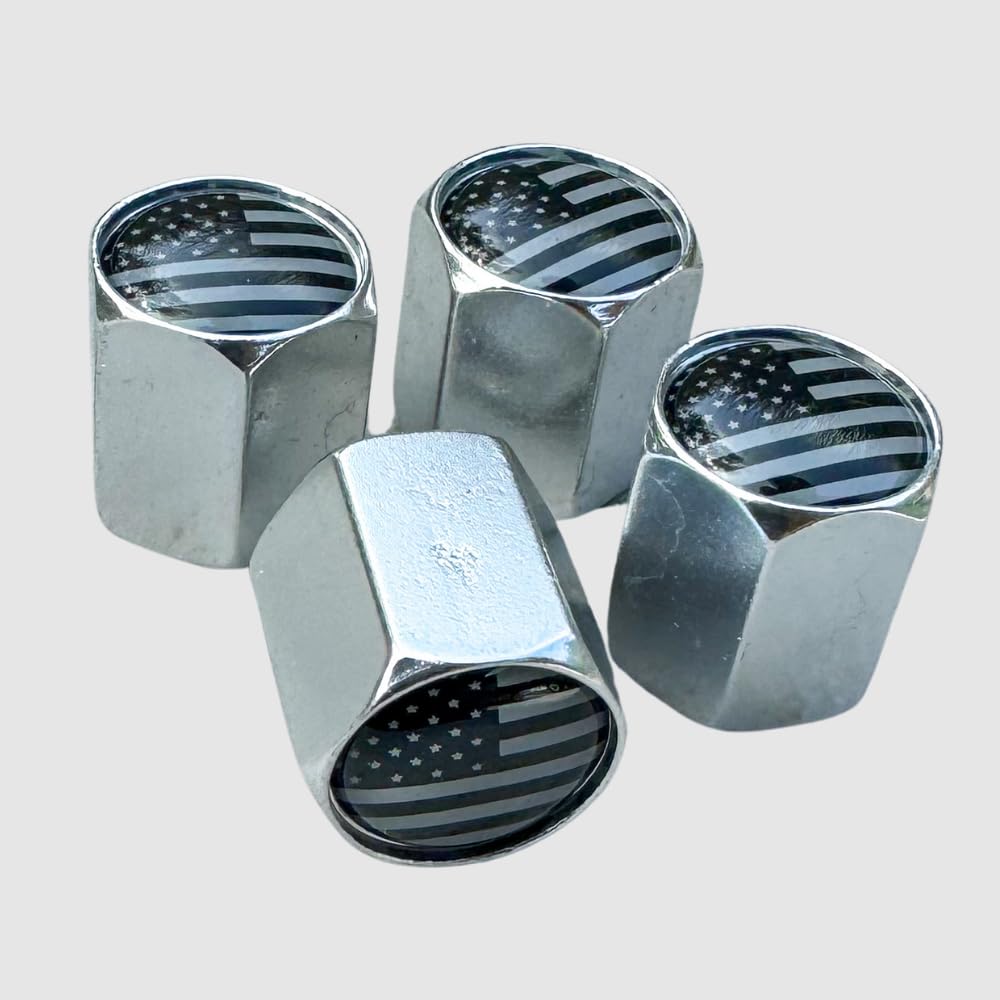 Tactilian American Flag Chrome Valve Stem Caps 4 Pack | Leakproof Aluminum Tire Valve Caps With Rubber O-Ring, Universal Fit For