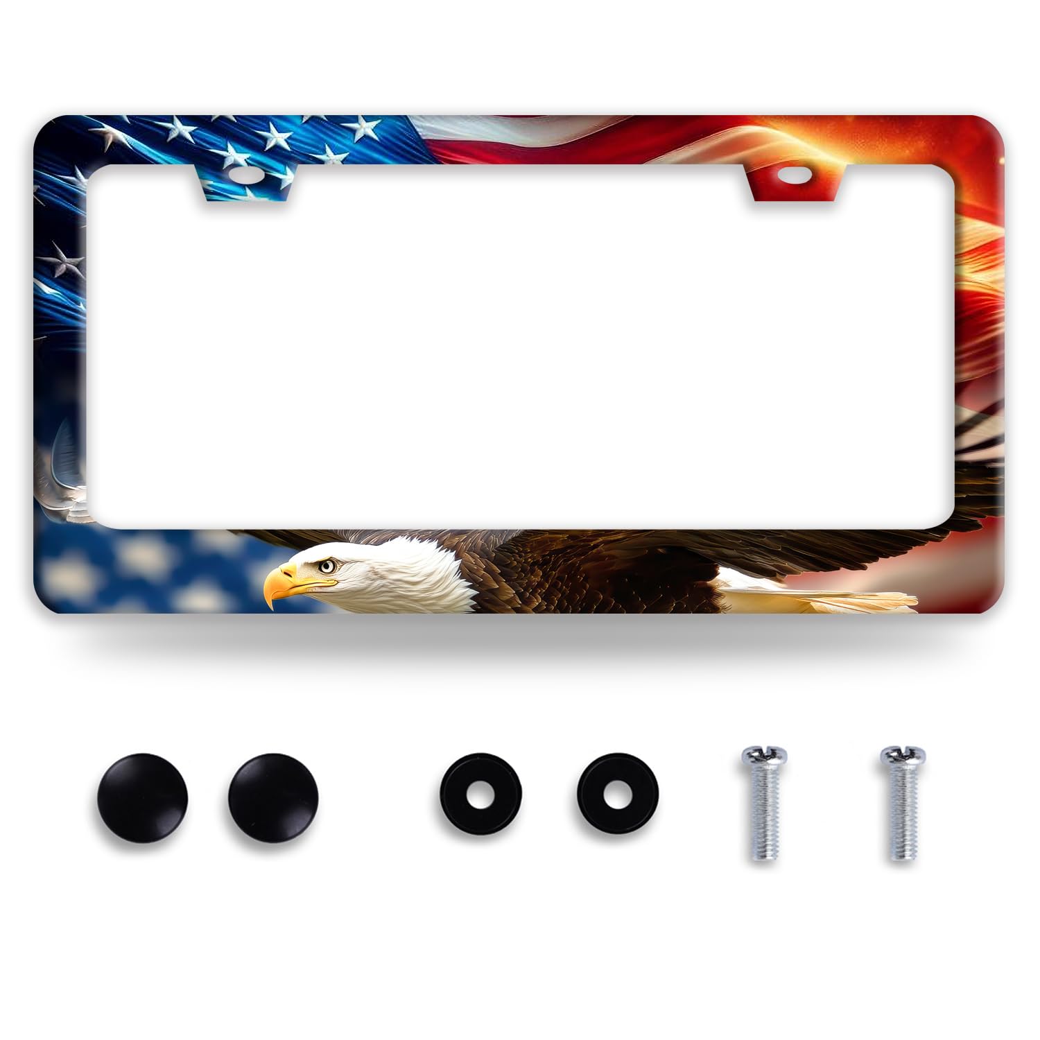 American Flag Eagle License Plate Frame Patriotic Flag License Plate Holder Funny Stainless Steel Accessories Cars Decor with 2 