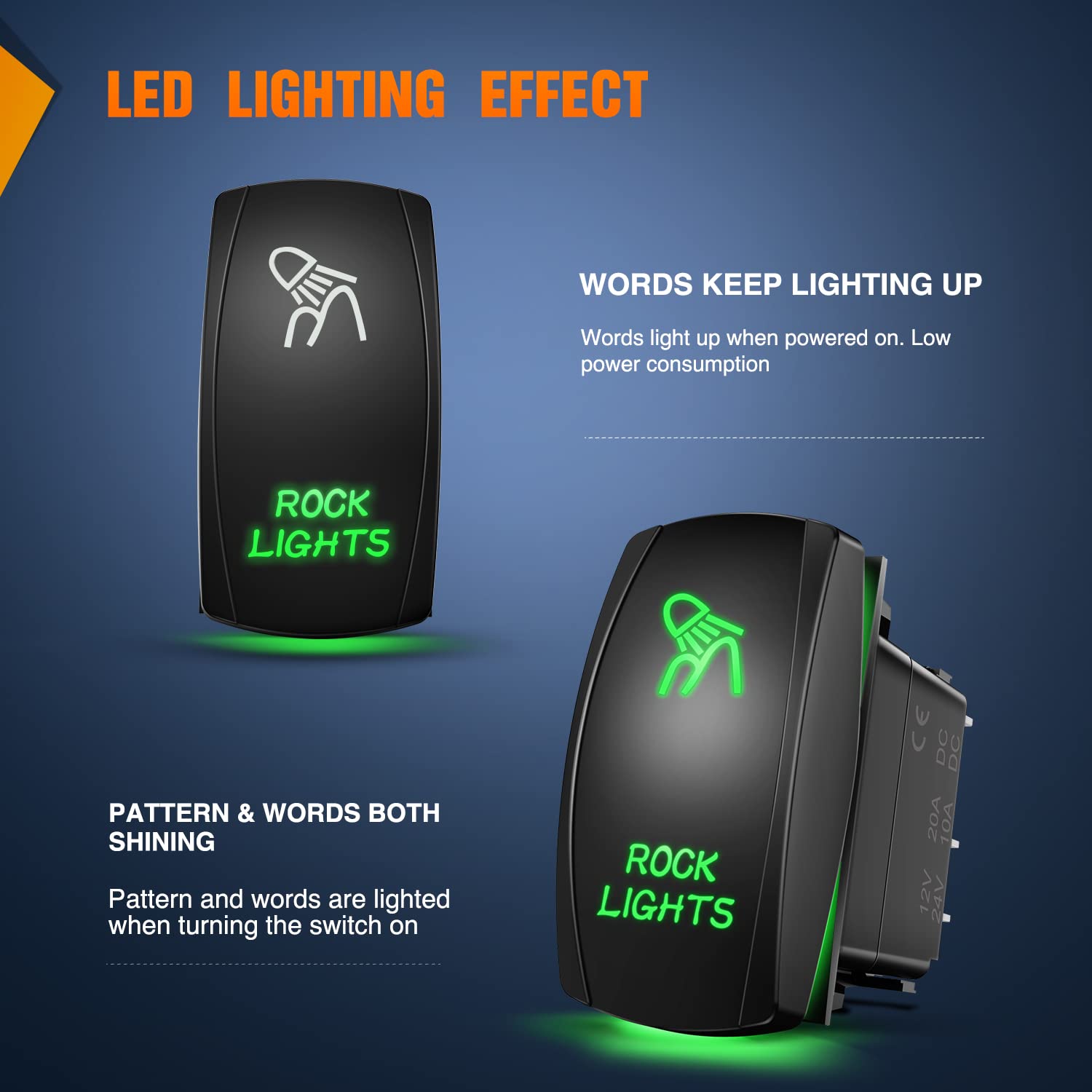 Nilight Rock Lights Rocker Switch Led Light Bar Switch 5Pin Laser On Off Spst Switches 20A/12V 10A/24V Switch Green With Jumper