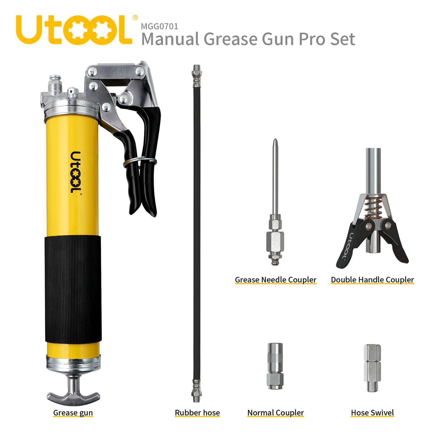 Utool Grease Gun, 8000 Psi Heavy Duty Pistol Grip Grease Gun Kit, 14 Oz Capacity, 20 Inch Rubber Flex Hose, 1 Patented Double Ha