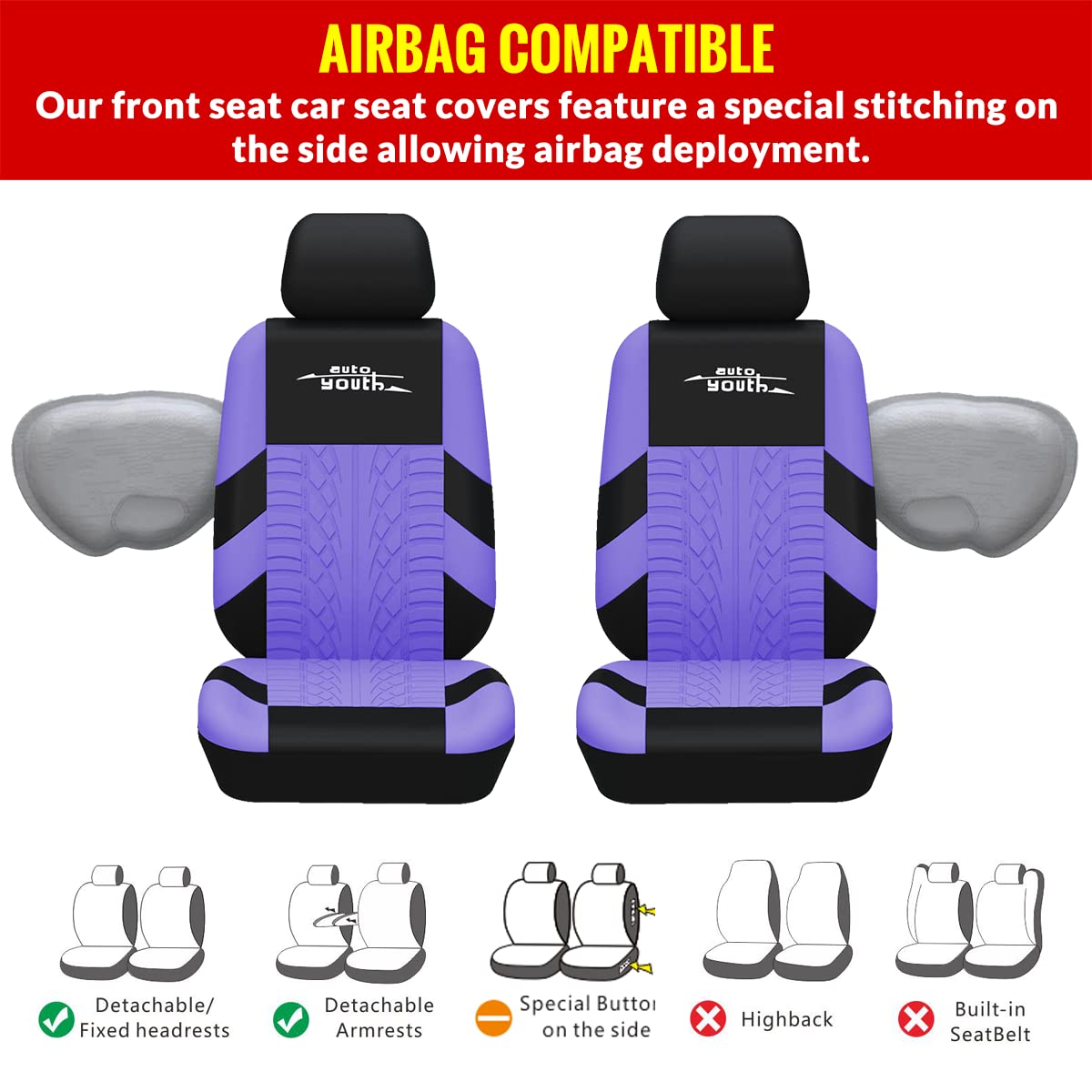 Autoyouth Front Car Seat Covers High Back Bucket Seat Cover For Most Cars, Suvs, Sedan, Trucks, Vans Universal Fit 3D Tire Tread