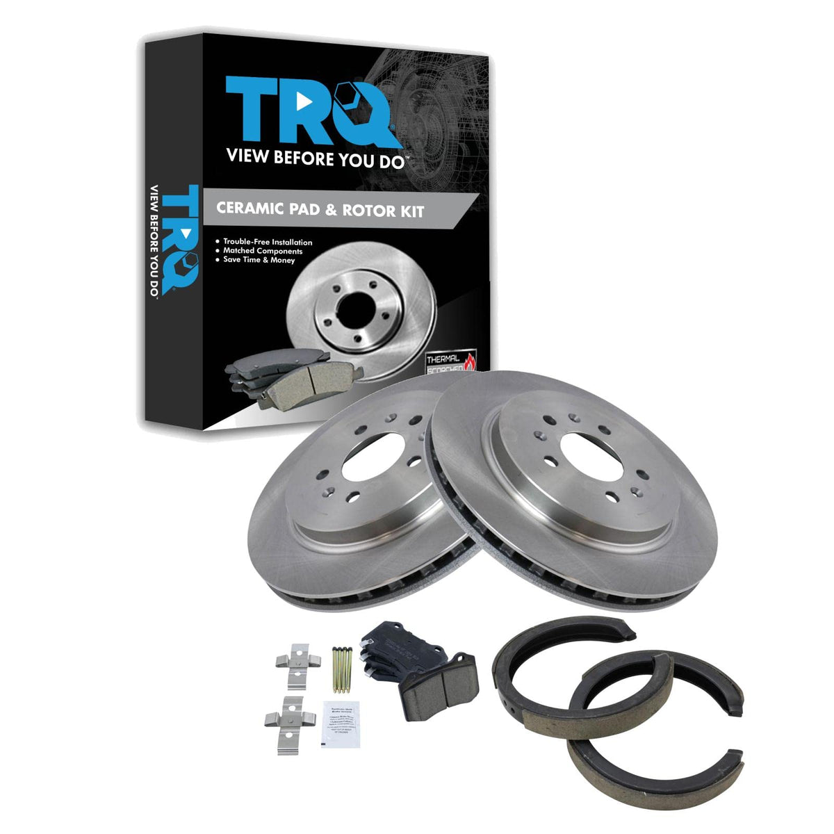 Trq Rear Brake Pad & Rotor Kit Brake Pads Brake Rotor Parking Brake Shoe Set Ceramic Compatible With 2006-2009 Cadillac Sts