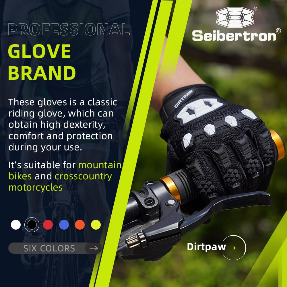 Seibertron Dirtpaw MX Gloves - Full Finger Touchscreen, Spandex, XL, Black, Model 13 for Cycling, Mountain Biking, Motorcycle and Motocross