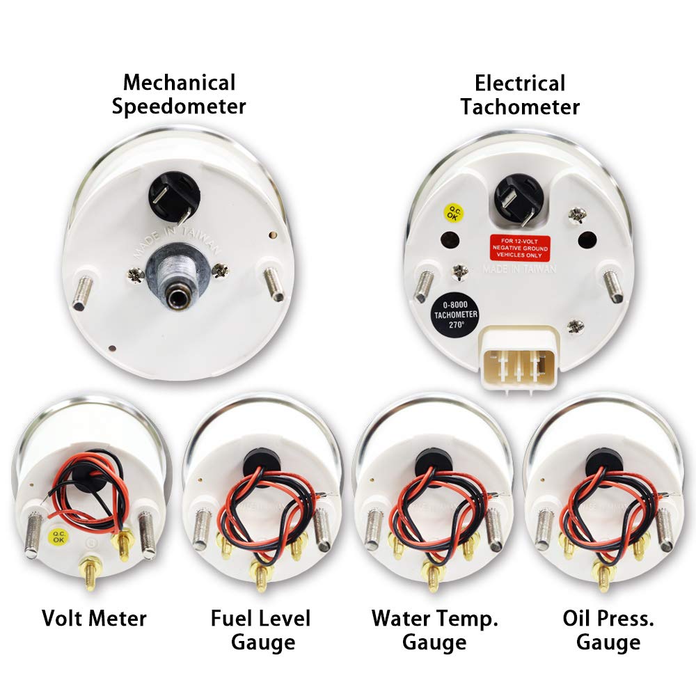 MOTOR METER RACING Classic 6 Gauge Set with Mechanical Speedometer Analog Odometer Black Dial Light Bulb Illumination 85mm 3-3/8