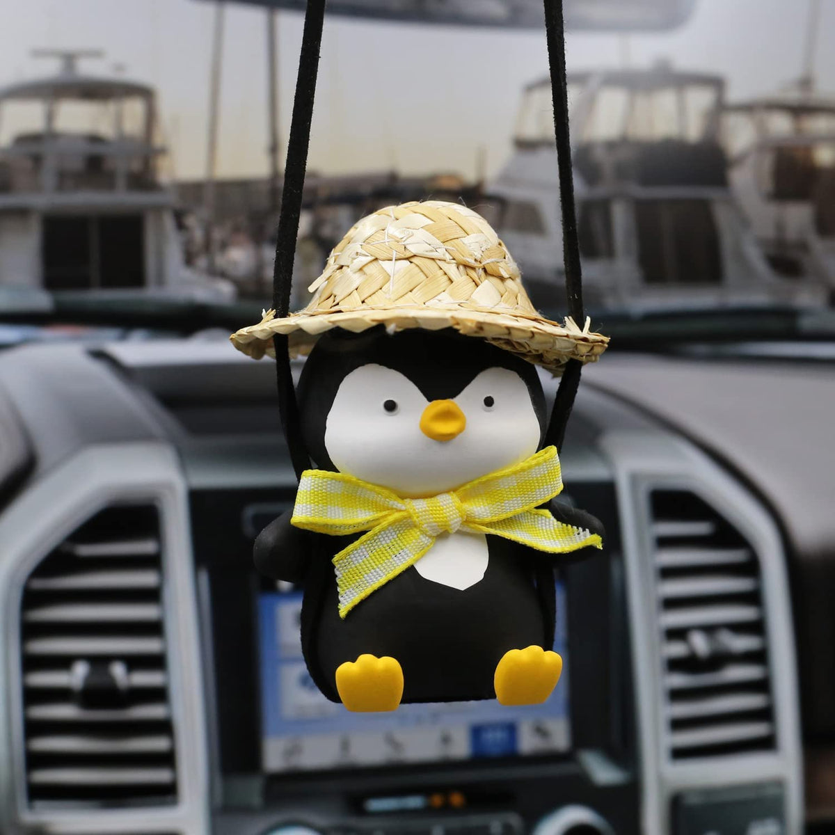 Swinging Penguin Car Hanging Ornament, Car Pendant Cute Car Hanging Accessories For Rear View Mirror, Penguin In Straw Hat Hangi