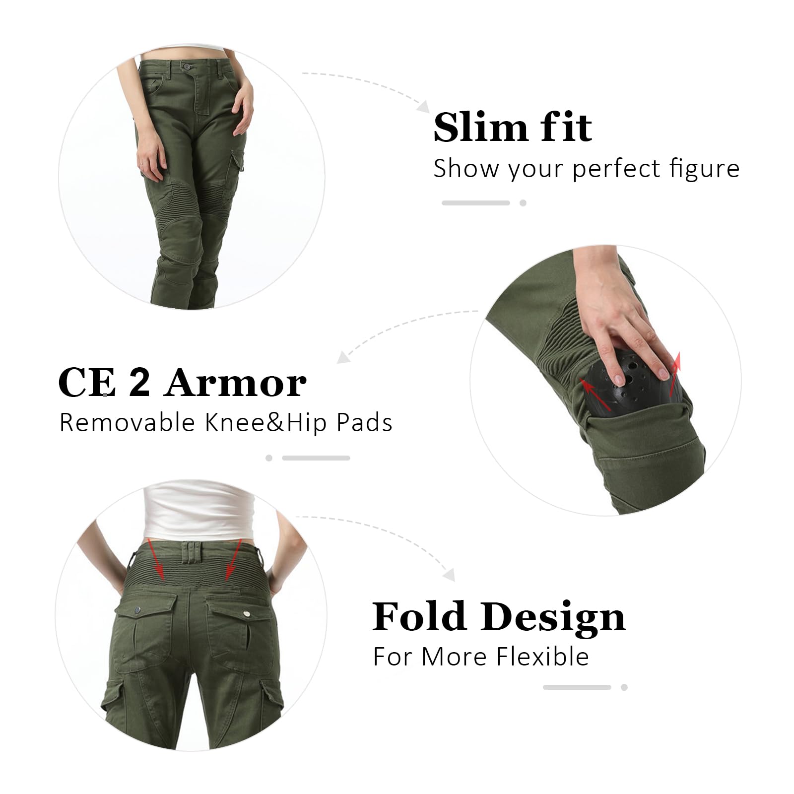 LOMENG Motorcycle Riding Pants Motorcycle Jeans Slim Fit with CE Knee Hip Removable Protectors Armor for Women Green XS 26