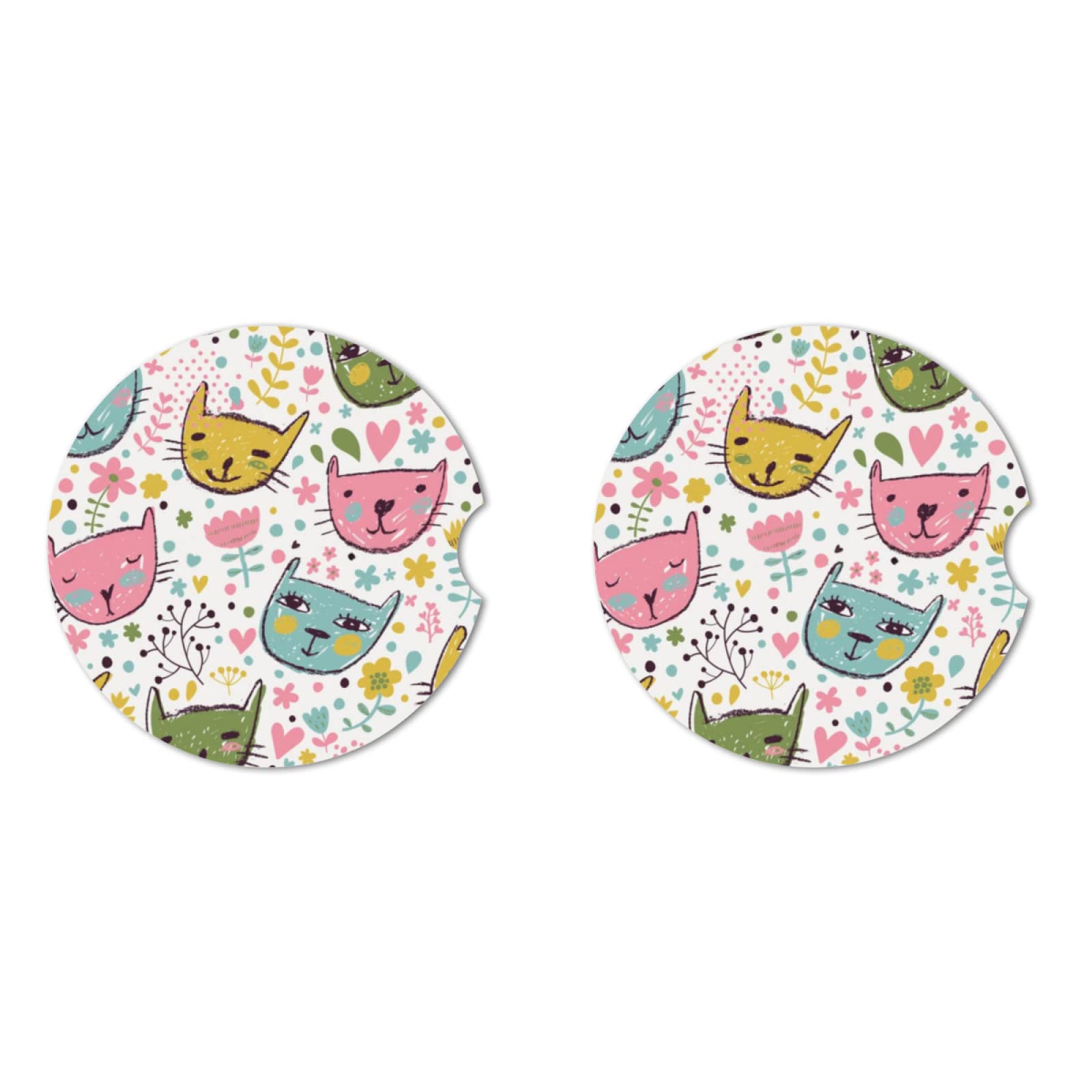 Abstract Cute Cat Absorbent Car Cup Coasters,Cup Holders,Cork Base Drink Coasters With Finger Notch For Easy Move Of Car Cup Hol