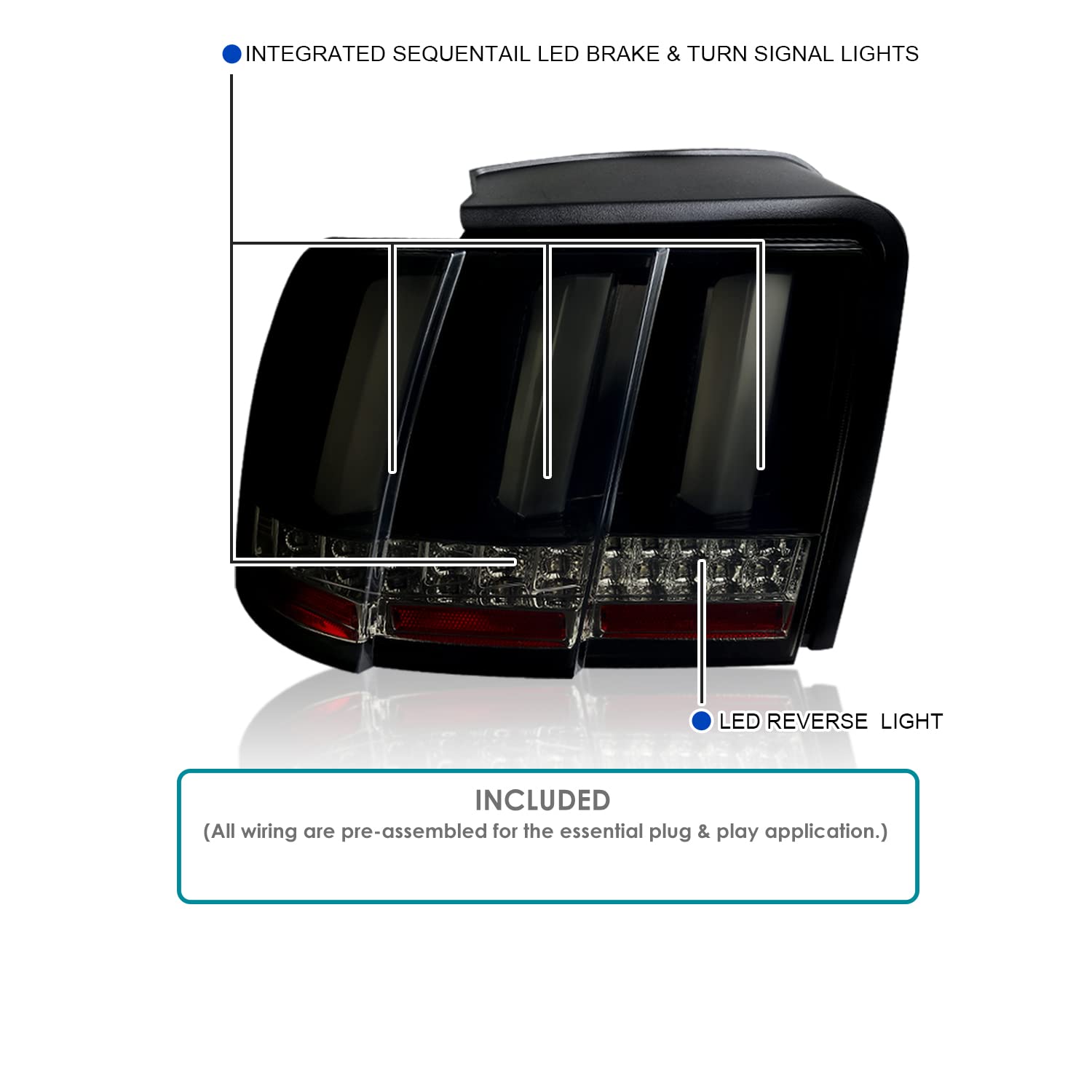 Spec-D Tuning Glossy Black Housing Smoke Lens Sequential Led Bar Tail Lights Compatible With 1999-2004 Ford Mustang, Left + Righ