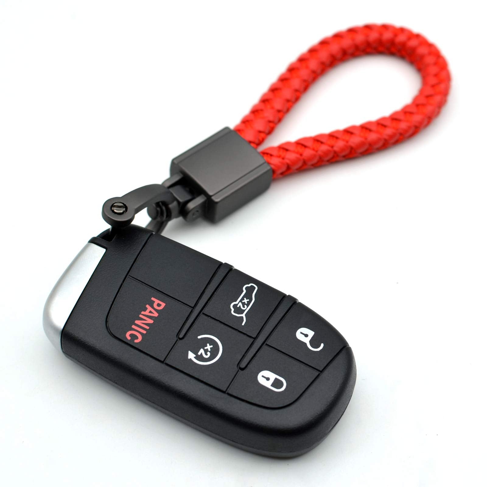 Feyoun Universal Red Leather Car Fob Keychain Metal Keyring Woven Strap Braided Rope Key Chain For Men And Women - Matte Black Color, With 360 Degree Rotatable D-Ring And Screwdriver