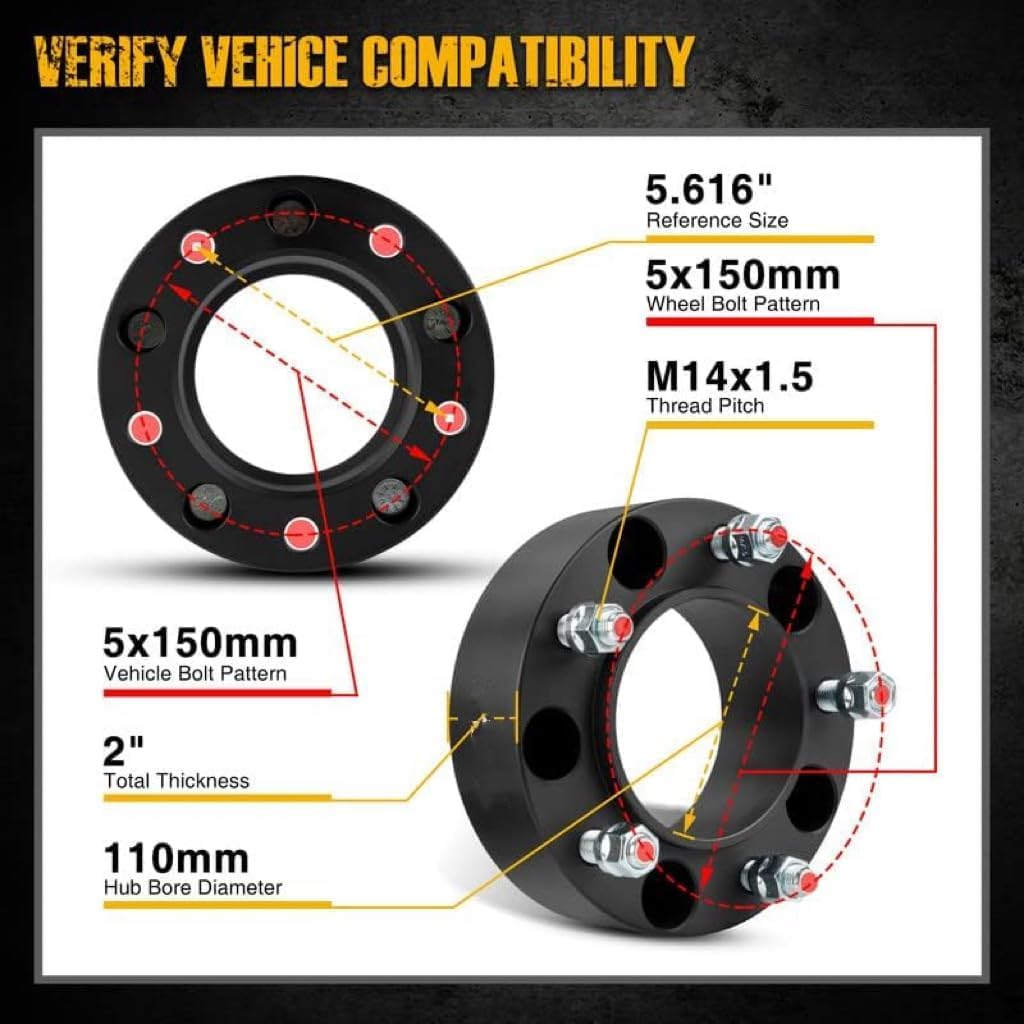 Kax 5X150 Wheel Spacers,2'' Hub Centric Wheel Spacer Adapters With M14X1.5 Studs 110Mm Hub Bore,Fit For Tundra, Sequoia, Land Cr