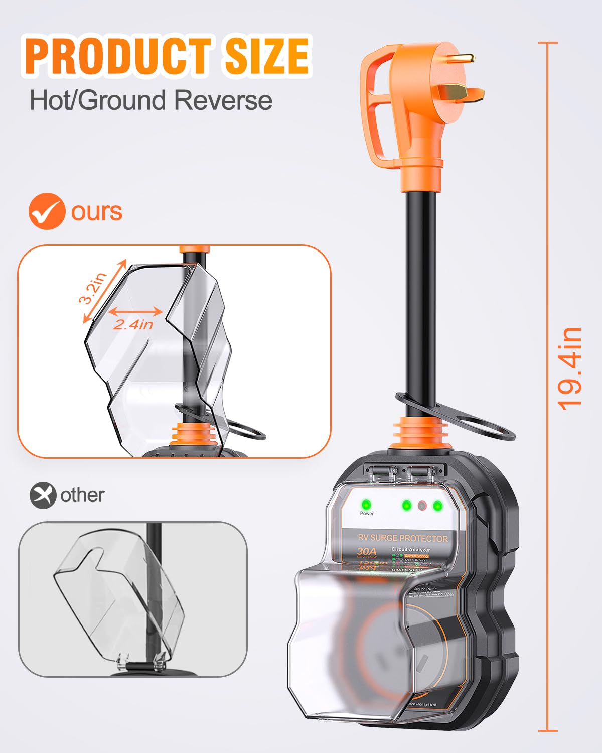 Geargo Rv Surge Protectors 30 Amp, 12000 Joules Rv Circuit Analyzer, Ip68 Surge Voltage Protection, Rv Adapter Plug For Camper (
