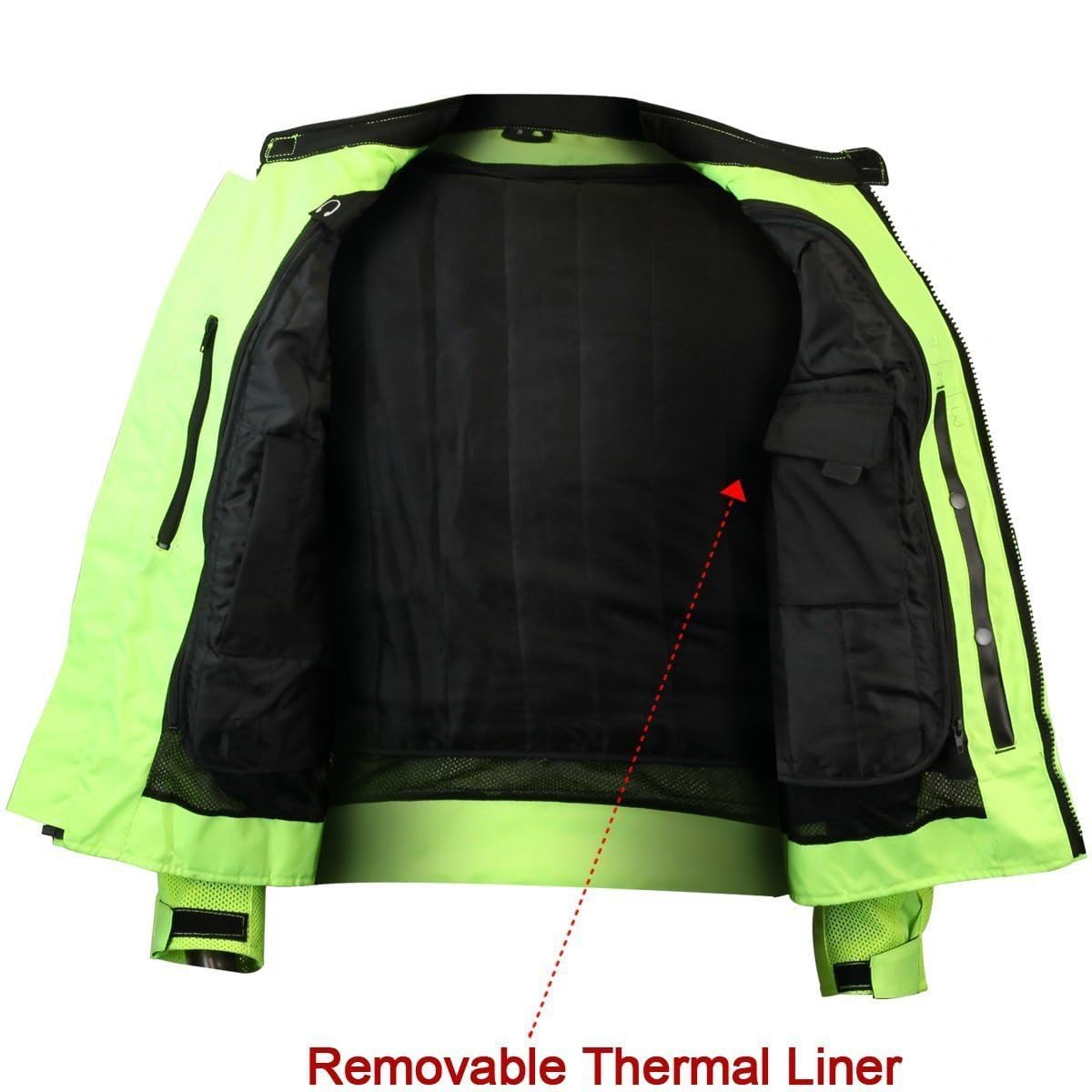 Vance Leather Viper Mens Hi-Viz Reflective Mesh Motorcycle Jacket W/Ce Armor & Thermal Removable Liner (Hi-Viz Green, 3X-Large)
