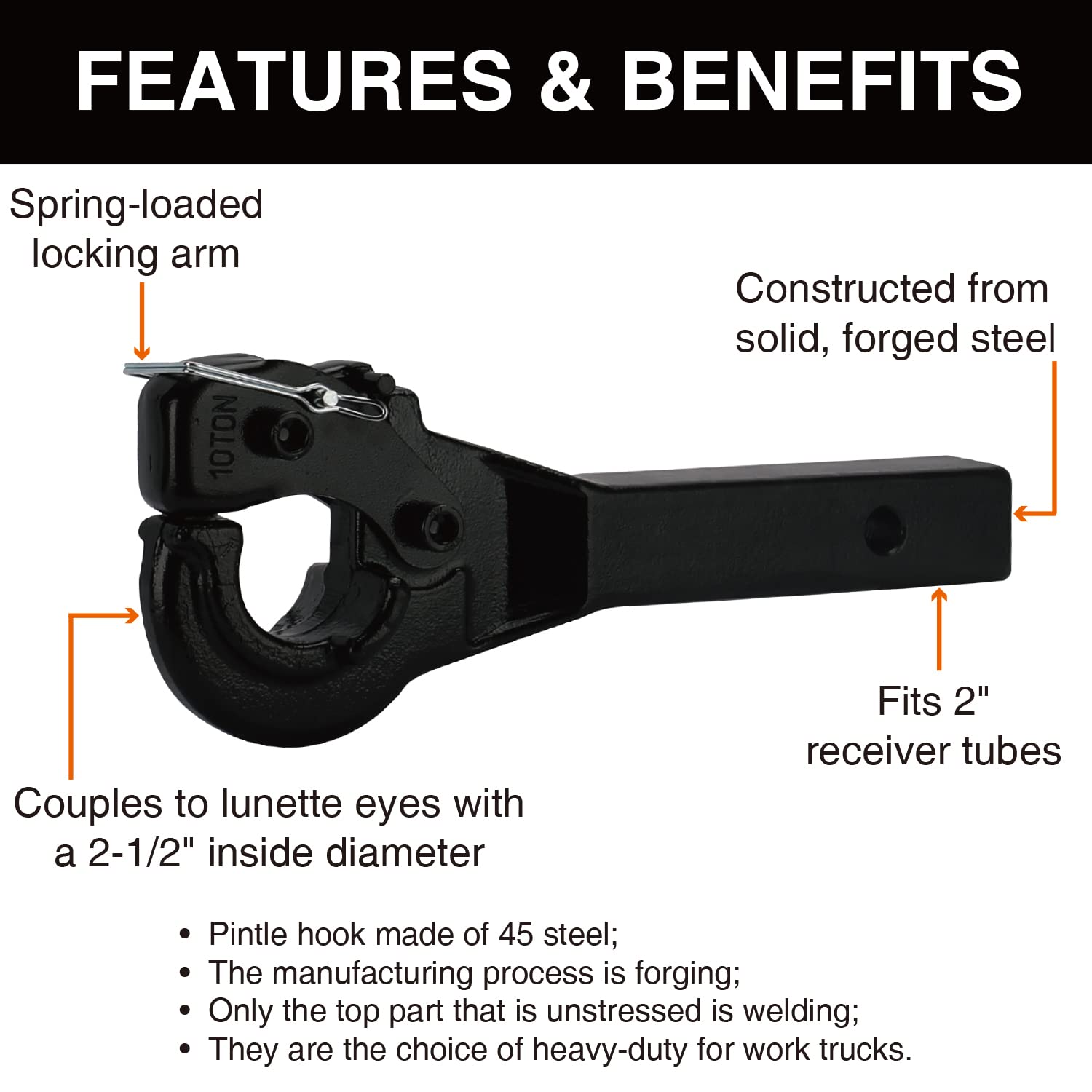 Onltco Pintle Hitch Receiver Hook 10 Ton For 2” Hitches Hitch Hook Military Receiver 20000Lbs