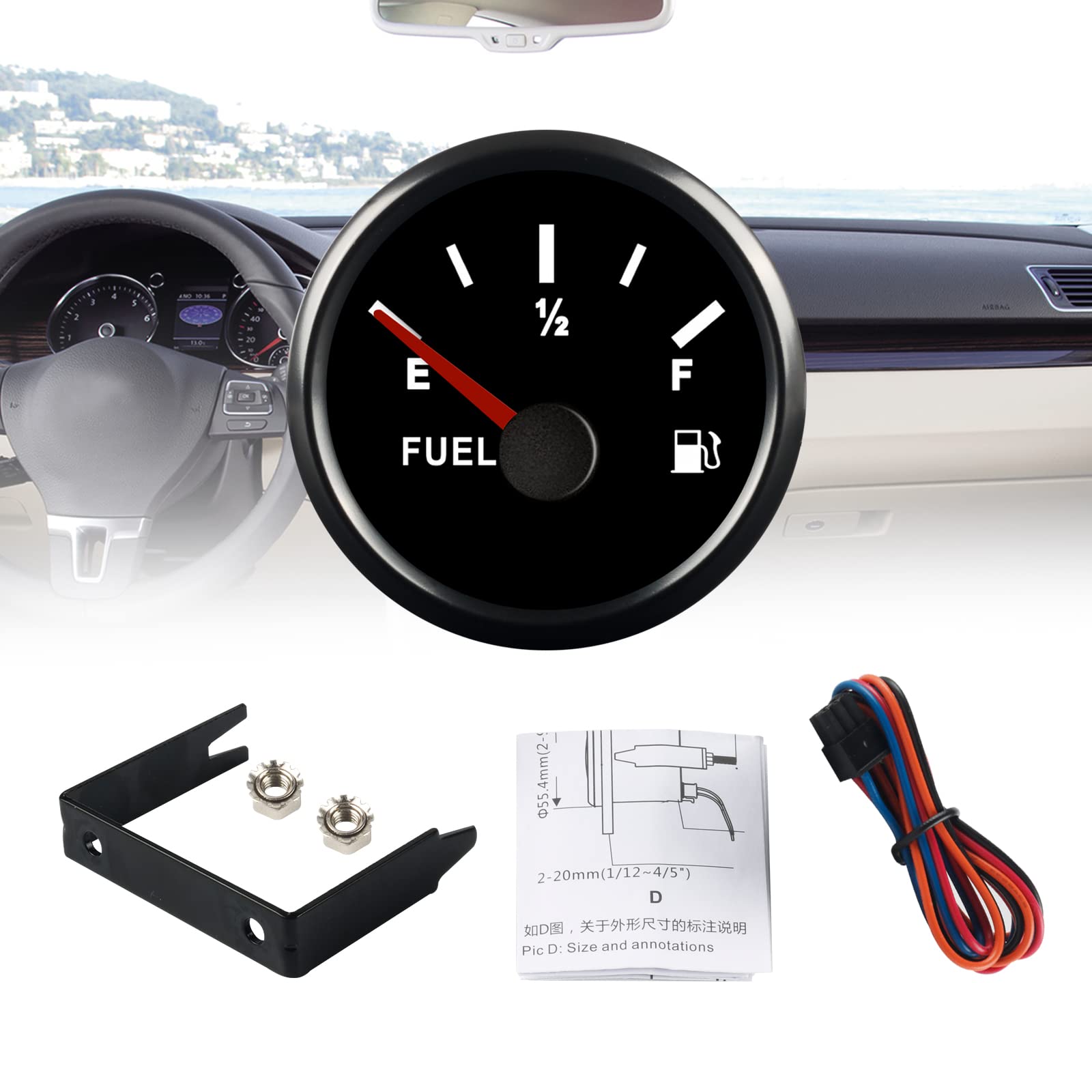 EIKLIM 0-90 ohm Fuel Gauge Marine Fuel Gauge Boat Fuel Level Gauge Gas Fuel Tank Meter Gauge 0-90 ohm Fuel Gauge with LED Backli