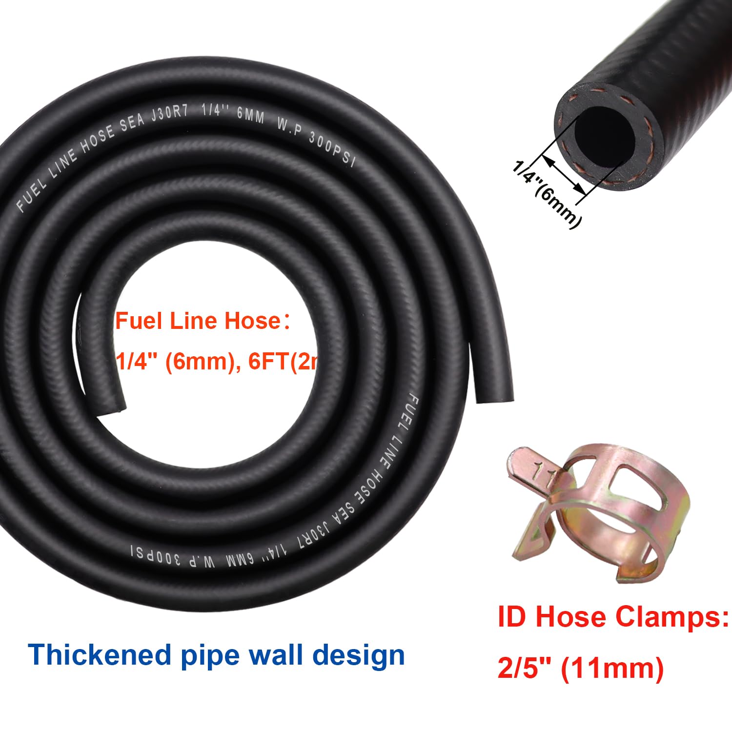 Taiss Id Fuel Line Kit, 1/4" (6Mm), 6-Foot (2M) Fuel Line Hose + 10Pcs 2/5" (11Mm) Id Hose Clamps. Suitable For Small Engines: Tractors, Mowing Machine, Snow Machine, Etc.