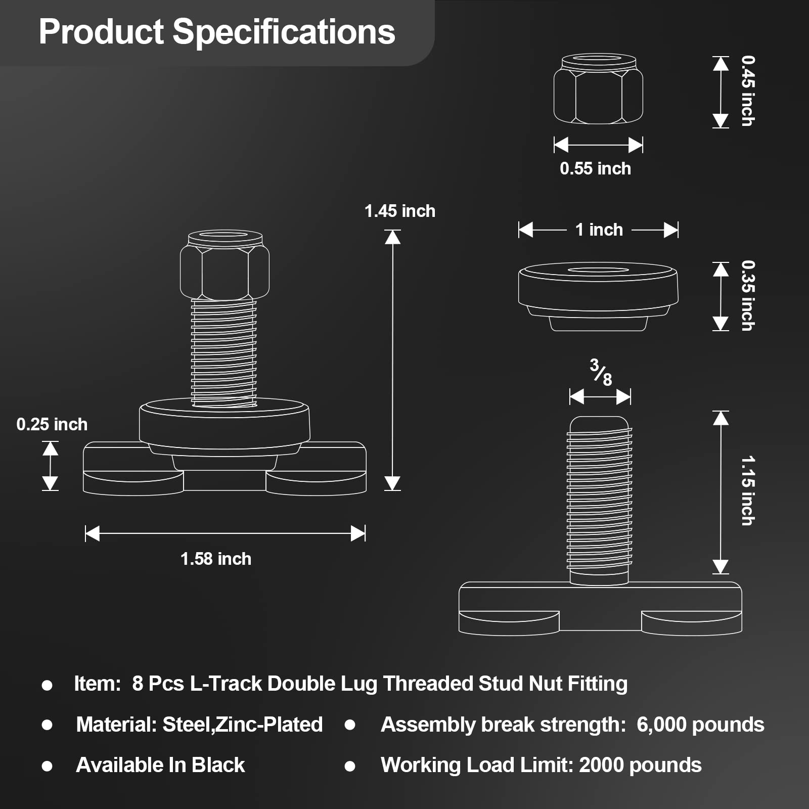 8 Pcs L-Track Double Lug Threaded Stud Nut Fitting Tie Down| Used With L Track Rail For Truck Bed,Trailer Cargo Control,Pickup,Rv,Atv,Bearing 6000 Lbs Heavy Duty Steel