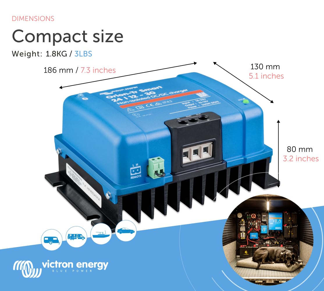Victron Energy Orion-Tr Smart Dc To Dc Charger (Bluetooth) - 24/12-Volt 30 Amp 360-Watt - Battery Charger For Dual Battery Systems - Non-Isolated