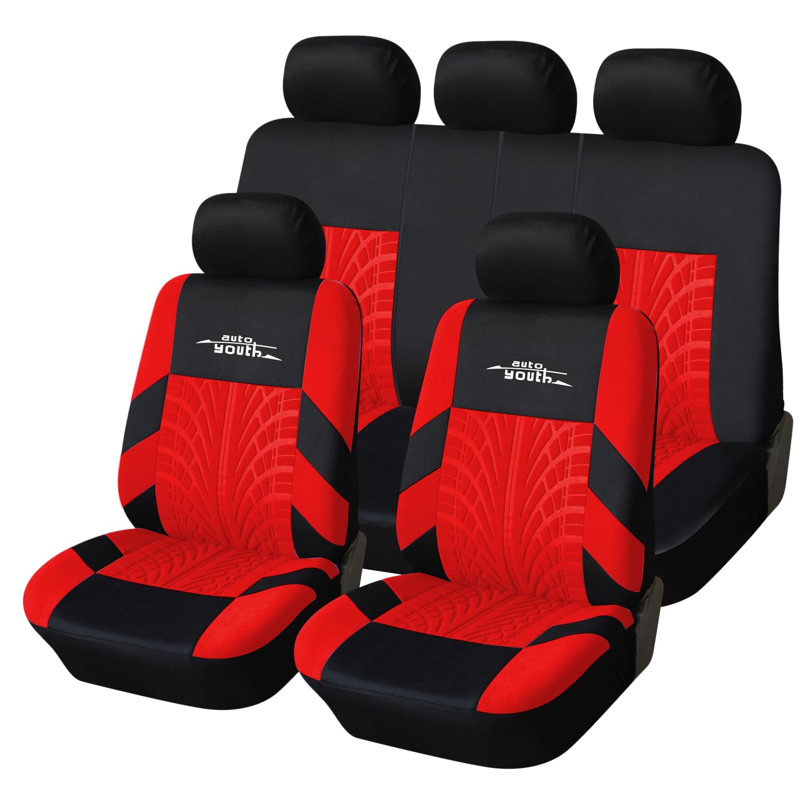 AUTOYOUTH Car Seat Covers Full Set, Front Bucket Seat Covers with Split Bench Back Seat Covers for Cars for Women Full Set Seat Protectors - 9pcs,Red…