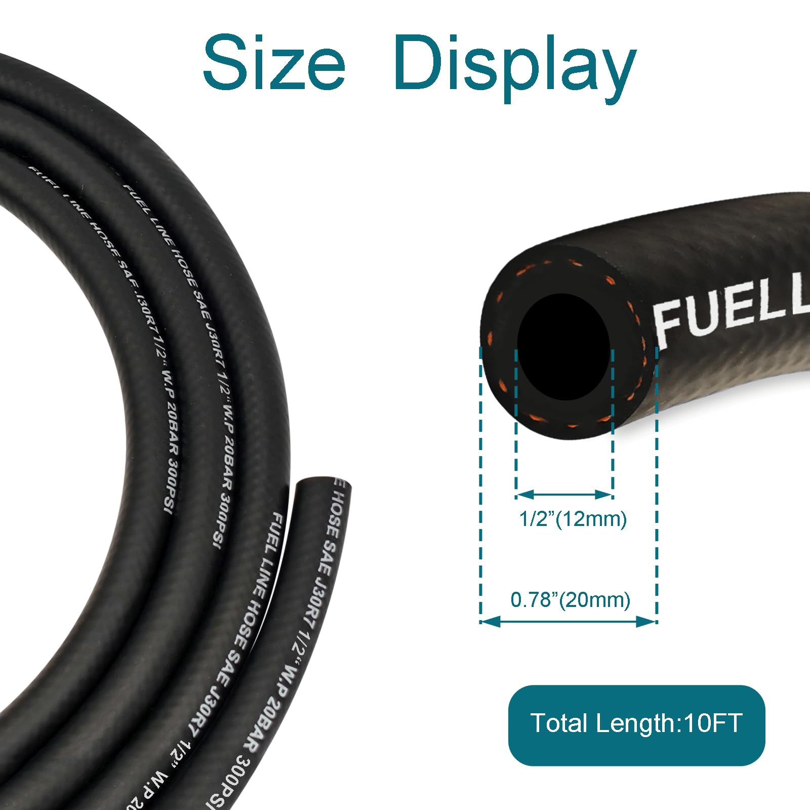 Housun Fuel Line 3/8 1/2 Inch Id, Fuel Hose 5Ft 300Psi High-Pressure With 8 Clamps., J30R7 Fuel Line Hose Nbr.