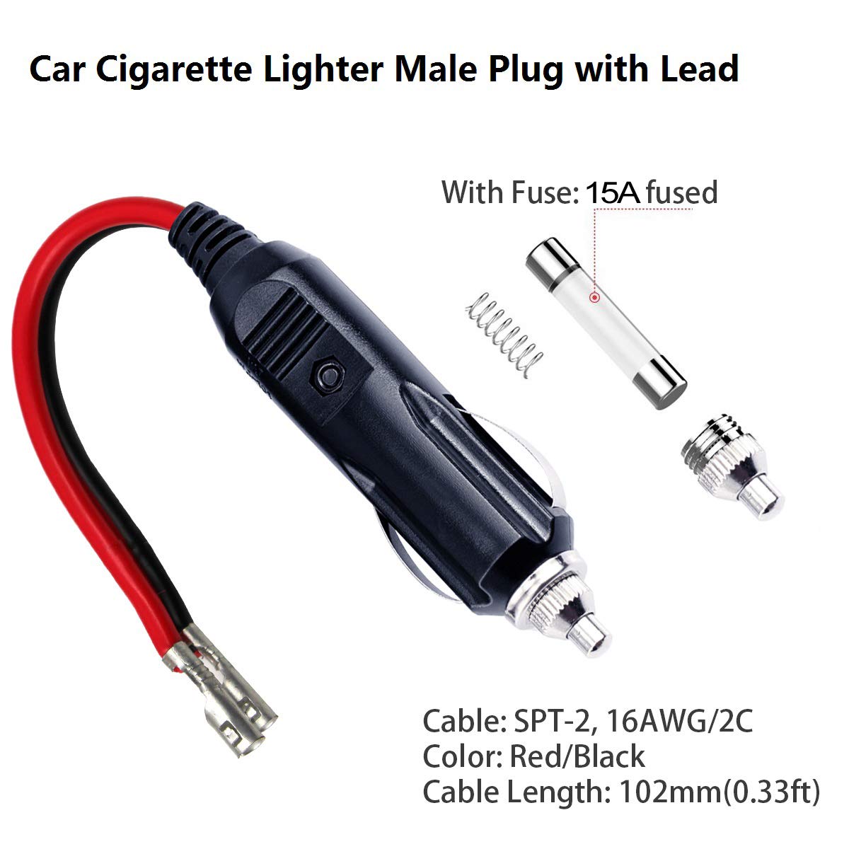 12V 12Volt Fused Replacement Cigarette Lighter Male Plug With Leads - 15Amp Male Cigar Lighter Replacement Power Plug 12V Dc Auto Cigarette Male Plug Battery Charger Kit Cigar Plug Connector