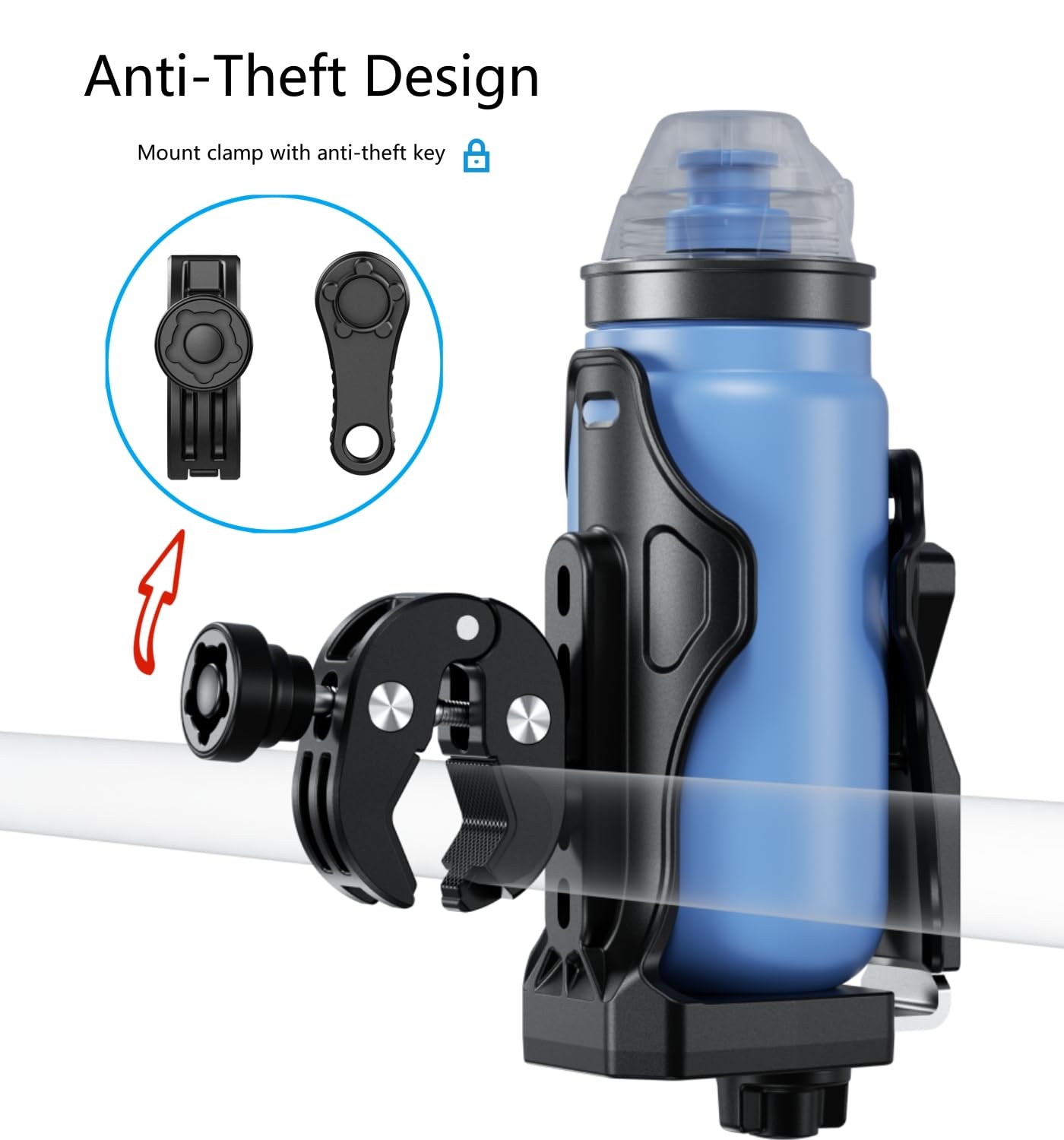 Kewig Anti-Theft Motorcycle Cup Holder, Extra Large Adjustable Size Bike Water Bottle Holder For 1.95 - 3.6'' Diameter Bottles,