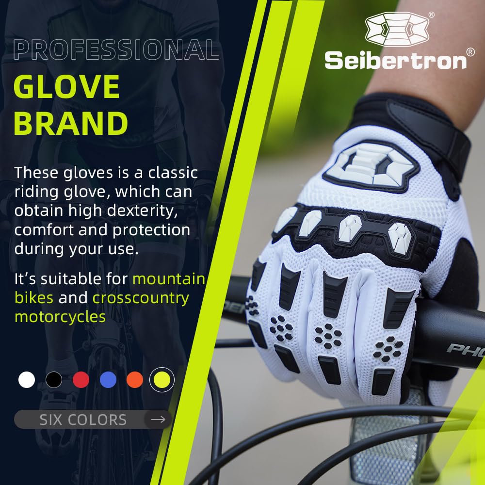Seibertron Dirtpaw Full Finger Gloves, Adult Size L, White, Spandex, BMX/MX ATV Motocross Cycling Sports Gloves