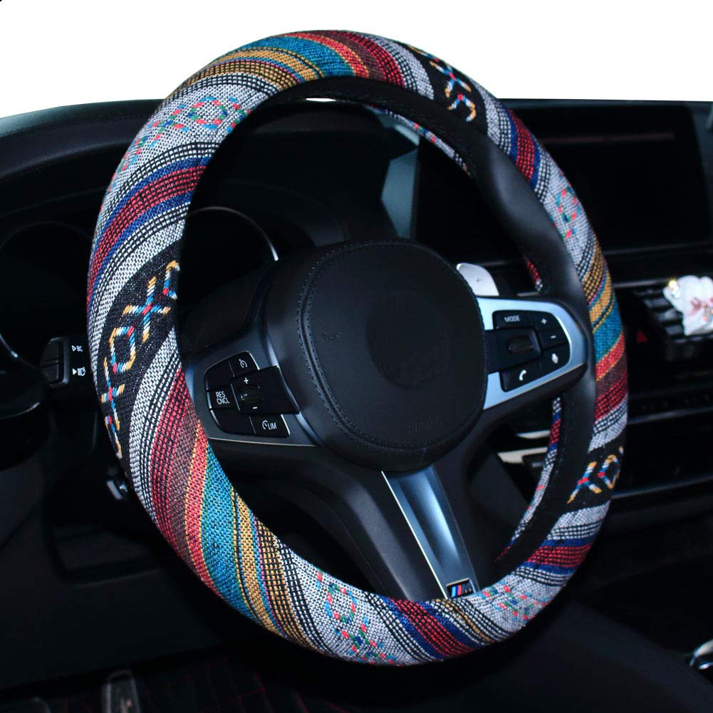 Shiawasena Car Steering Wheel Cover, Coarse Flax Cloth, Ethnic Style, Universal 15 Inch Fit, Anti-Slip Sweat-Absorbent (D#)