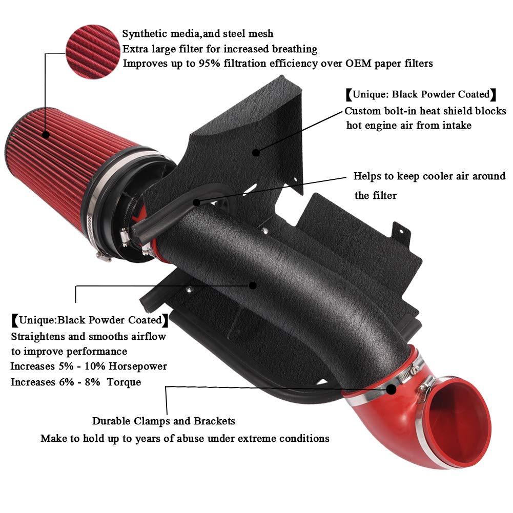 Moosun 4 Inches Performance Cold Air Intake Kit With Filter & Powder Coated Intake Tube Pipe For 99-06 Gmc Chevy 1999 2000 2001 2002 2003 2004 2005 2006 V8 4.8L/5.3L/6.0L (Black&Red)