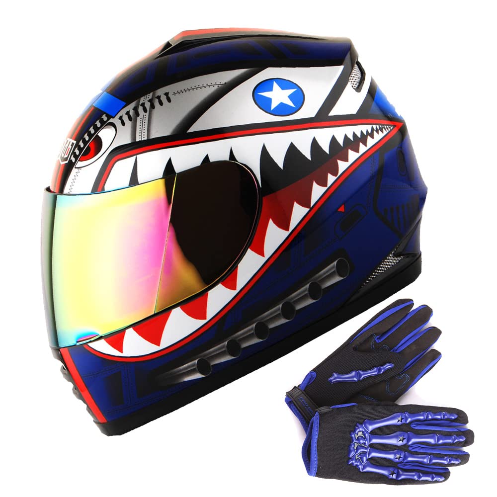 Wow Youth Motorcycle Full Face Helmet Street Bike Bmx Mx Kids Shark Blue + Mx Skeleton Glove Bundle