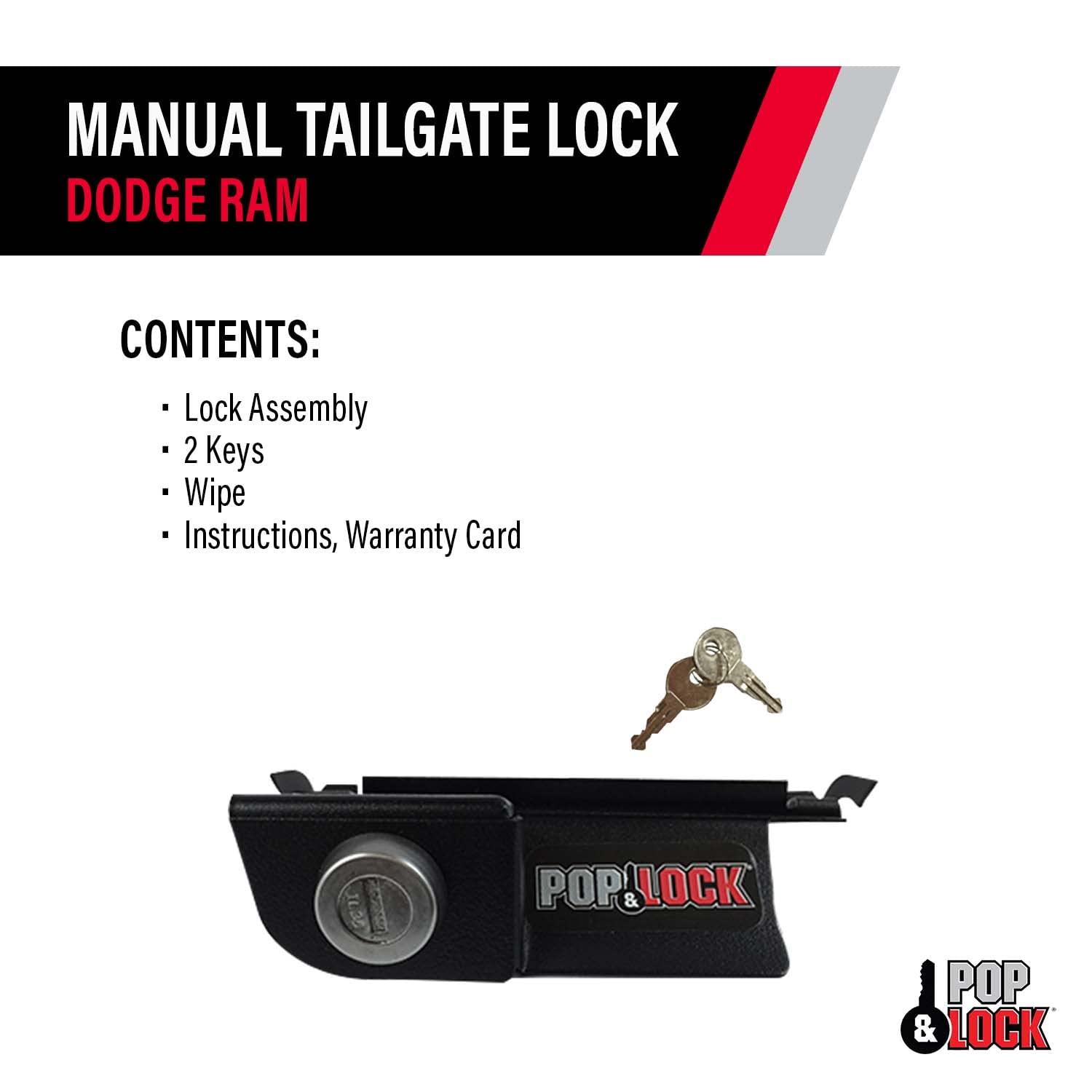 POP & LOCK - Manual Tailgate Lock for Dodge Ram 1500, 2500, and 3500, Fits 2002 to 2008 (Black, PL3400, Works with No Factory Lo