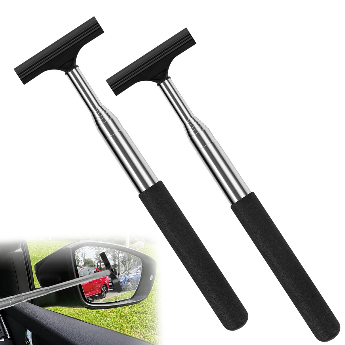 2 Pcs Car Mirror Wiper, 38.6In Handle Car Side Mirror Squeegee, Car Mirror Squeegee, Side Mirror Squeegee, Mini Squeegee For Rai