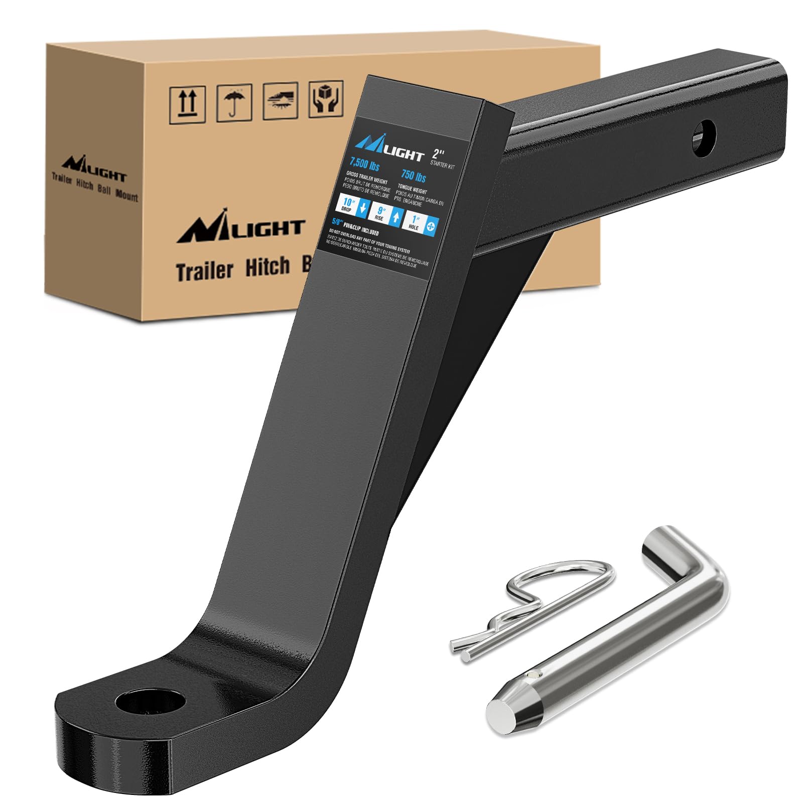 Nilight Trailer Hitch Ball Mount With 5/8'' Hitch Pin Clip Fits 2 Inch Receiver Square 7500 Lbs 10'' Drop 9    Rise 1    Hole Gl