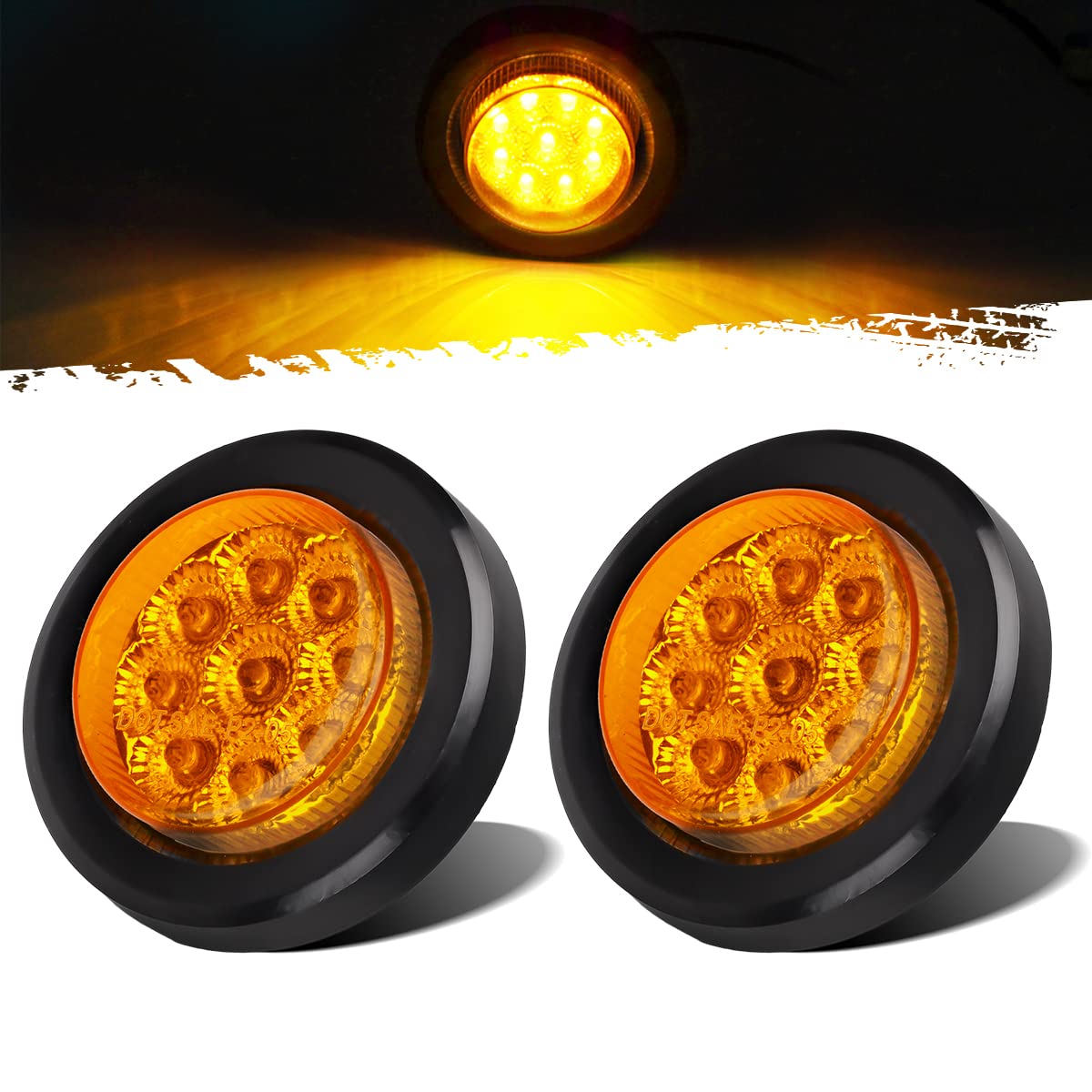 Partsam 2Pcs 2 Inch Round Truck Trailer Led Side Marker Clearance Light Amber 9 Diodes With Reflectors Sealed Waterproof 12V 2 I